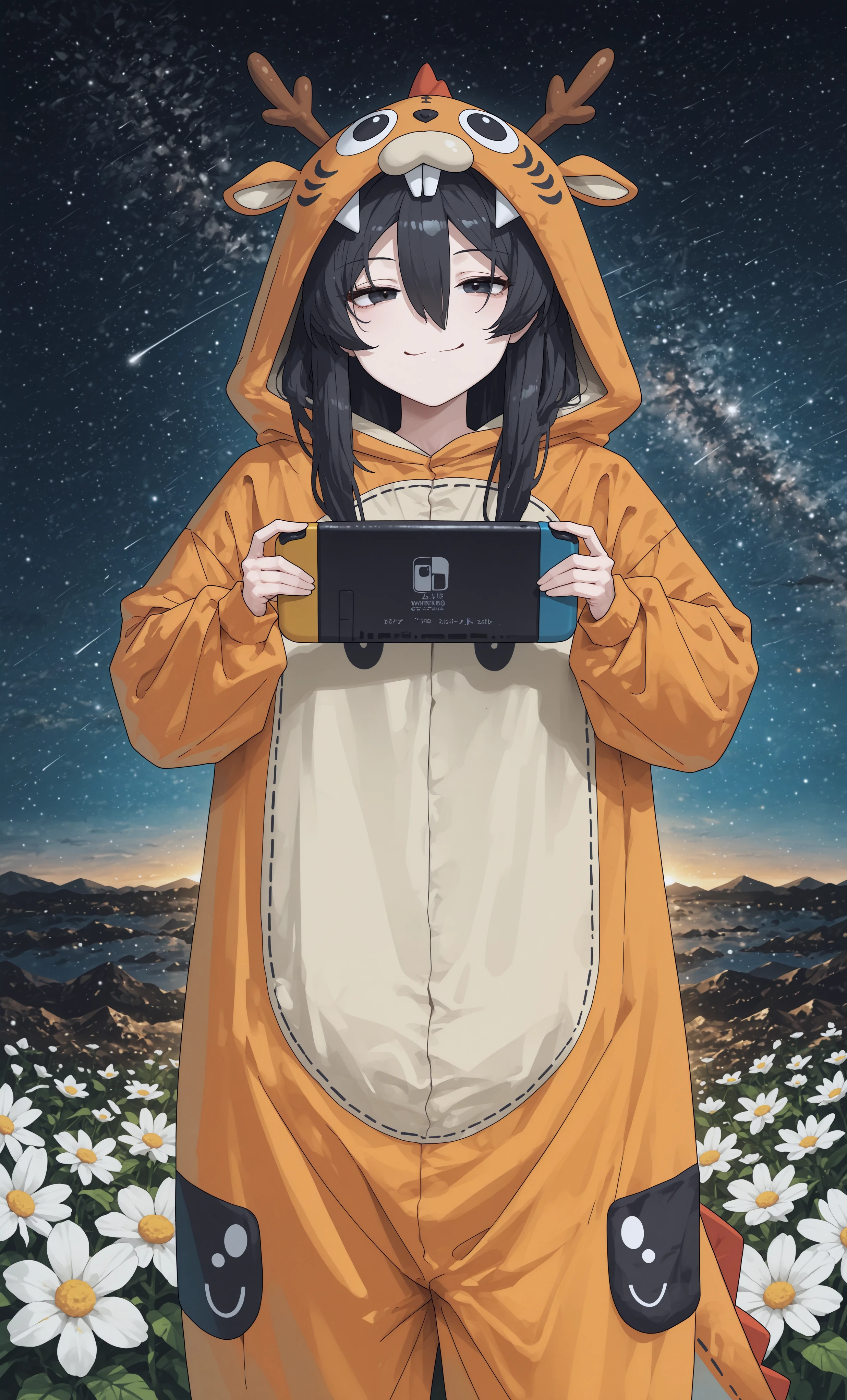 masterpiece, best quality,high quality, newest, highres,absurdres, traditional media, Gloomyowl, 1girl, solo, black hair, hair between eyes, cowboy shoot, v, smile, holding, nintendo switch, handheld game console, standing, animal costume, looking at viewer, closed mouth, long hair, bangs, cosplay, kigurumi, hood up, hood, black eyes space, sky, white flower, star (sky), starry sky, <lora:GloomyowlStyle_IL:1>