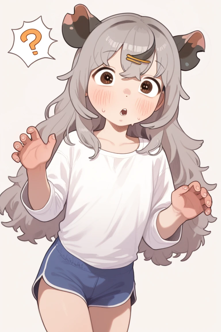 Score_9, Score_8_up ,little girl, possum girl , pssmm style, by pssmm, pssmm, 1girl, long hair ,grey hair,hair_clip ,brown eyes ,hair_ornament, blush, looking_at_viewer ,white shirt , solo , simple background , confused ,surprised ,white top , shorts ,