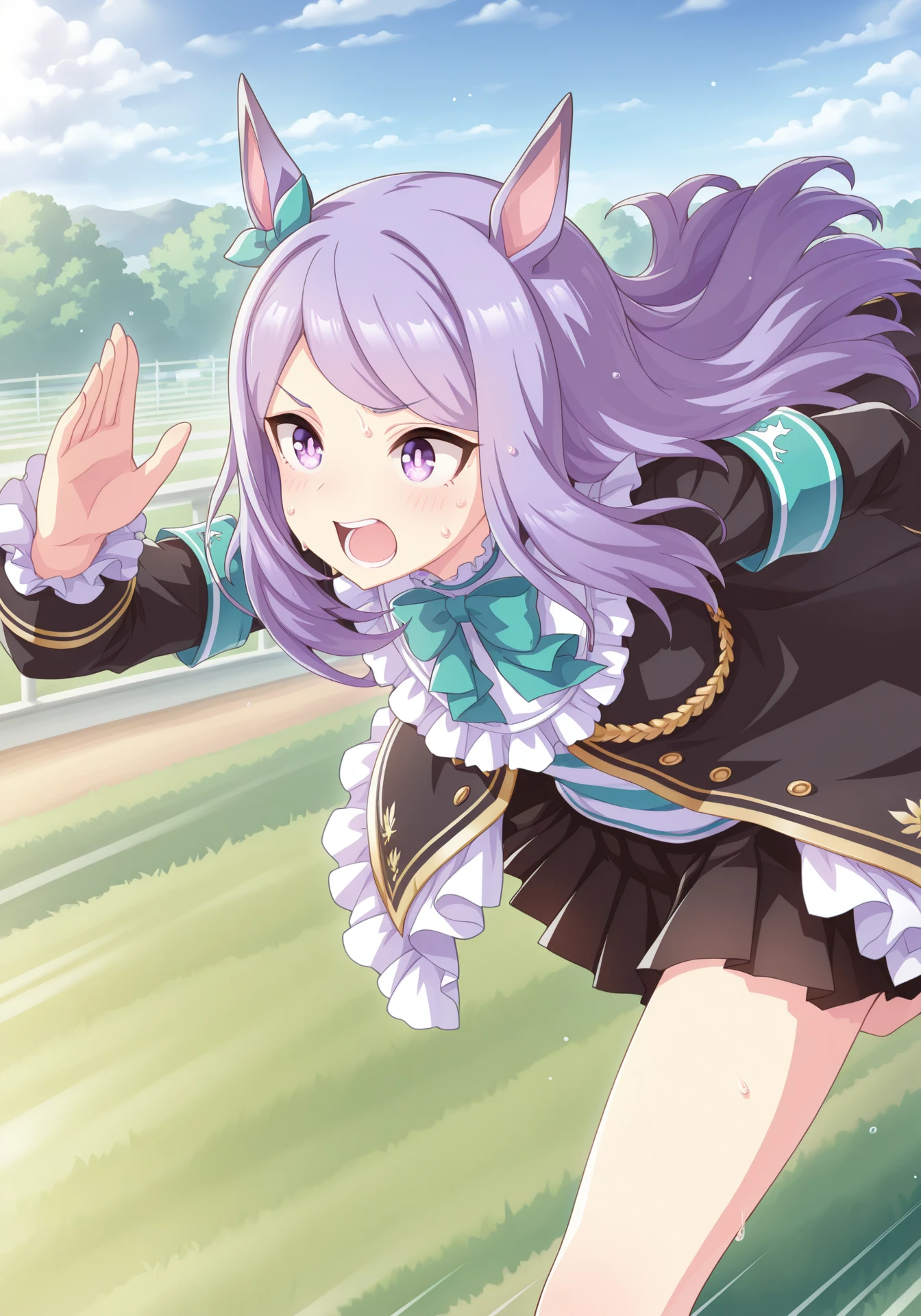 umaofficial,1girl,solo,mmacqueen,long hair,purple hair,horse girl,purple eyes,flat chest,
mmelegance,green ear ribbon,aqua neck bowtie,frilled sleeves,striped shirt,black coat,black pleated skirt,aqua armband,
dynamic pose,running,grass,motion lines,sweatdrop,sweat,open mouth,teeth,
masterpiece,best quality,highres,amazing quality,<lora:UmaOfficialILV1.0:0.8>,<lora:MejiroMacqueenILMainV1:1>,
