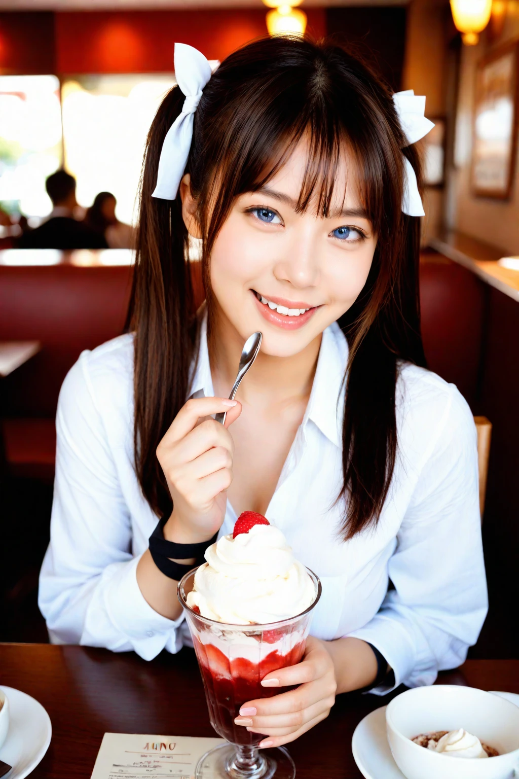 A black-haired girl, very cute. Eating a delicious cake