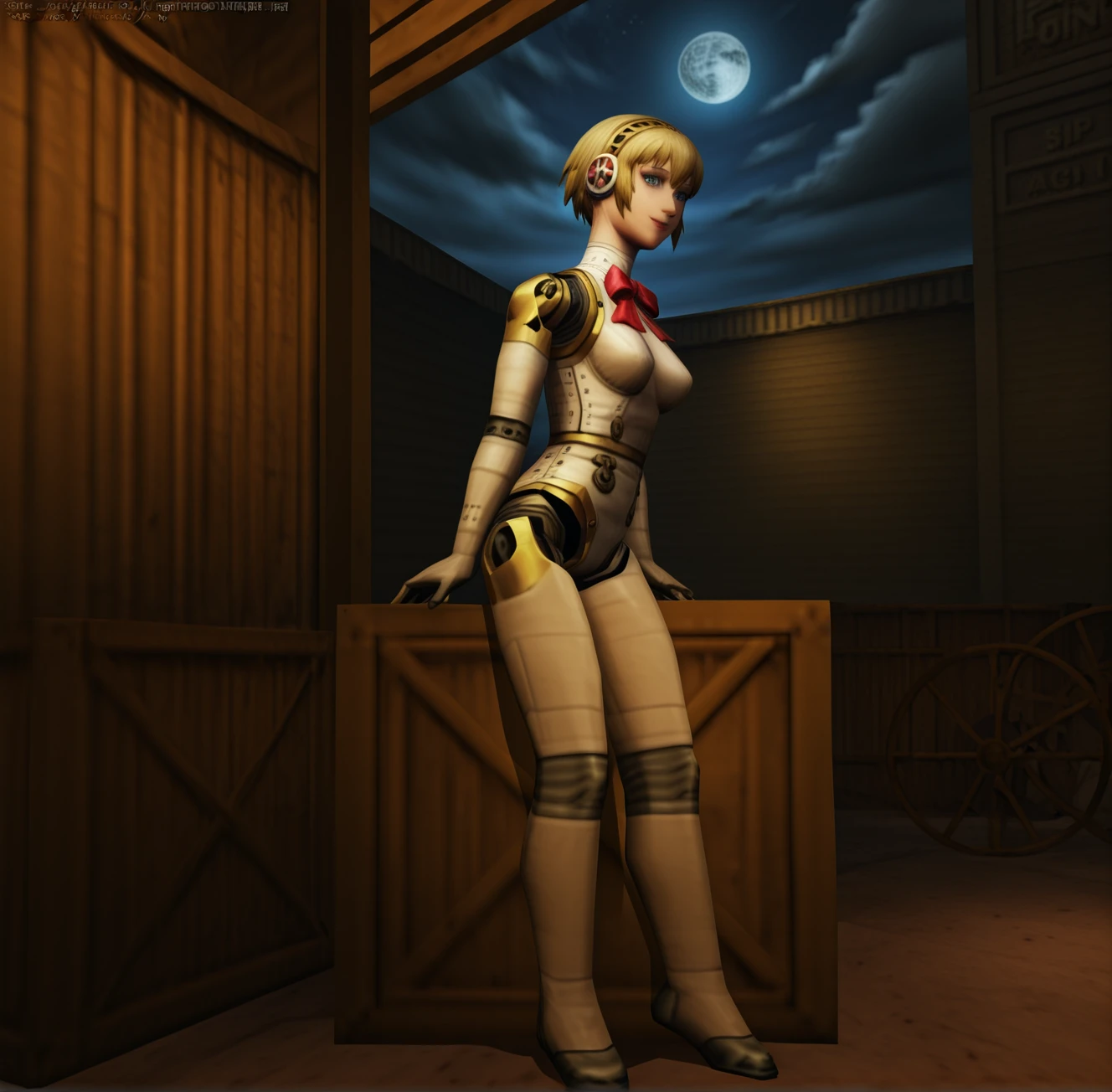 kingpin, realistic, (masterpiece, high quality:1.1) (night, moon, cowboy shot, upper body, standing, leaning on a crate, sitting on crate, outdoor, docks, crates, art deco design, pose:1.1), 1girl, solo, aegis \(persona\), looking at viewer, smile, short hair, blue eyes, blonde hair, bow, ribbon, full body, hairband, android, joints, robot joints, <lora:Kingpin_-_Life_of_Crime_Style_ILXL:1.9>