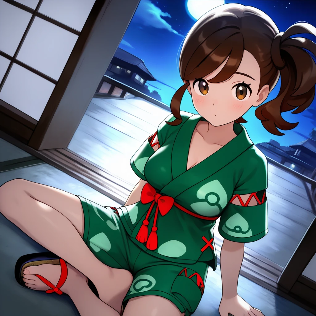 2d, masterpiece, best quality, amazing quality, highres, absurdres, newest, 1girl, solo, sitting, yokozuwari, from above, dutch angle, looking at viewer, night, moonlight, sky, medium breasts, tmjuliana, brown eyes, side ponytail, brown hair, sidelocks, japanese clothes, collarbone, green shirt, short sleeves, green shorts, pocket, sandals, toes
