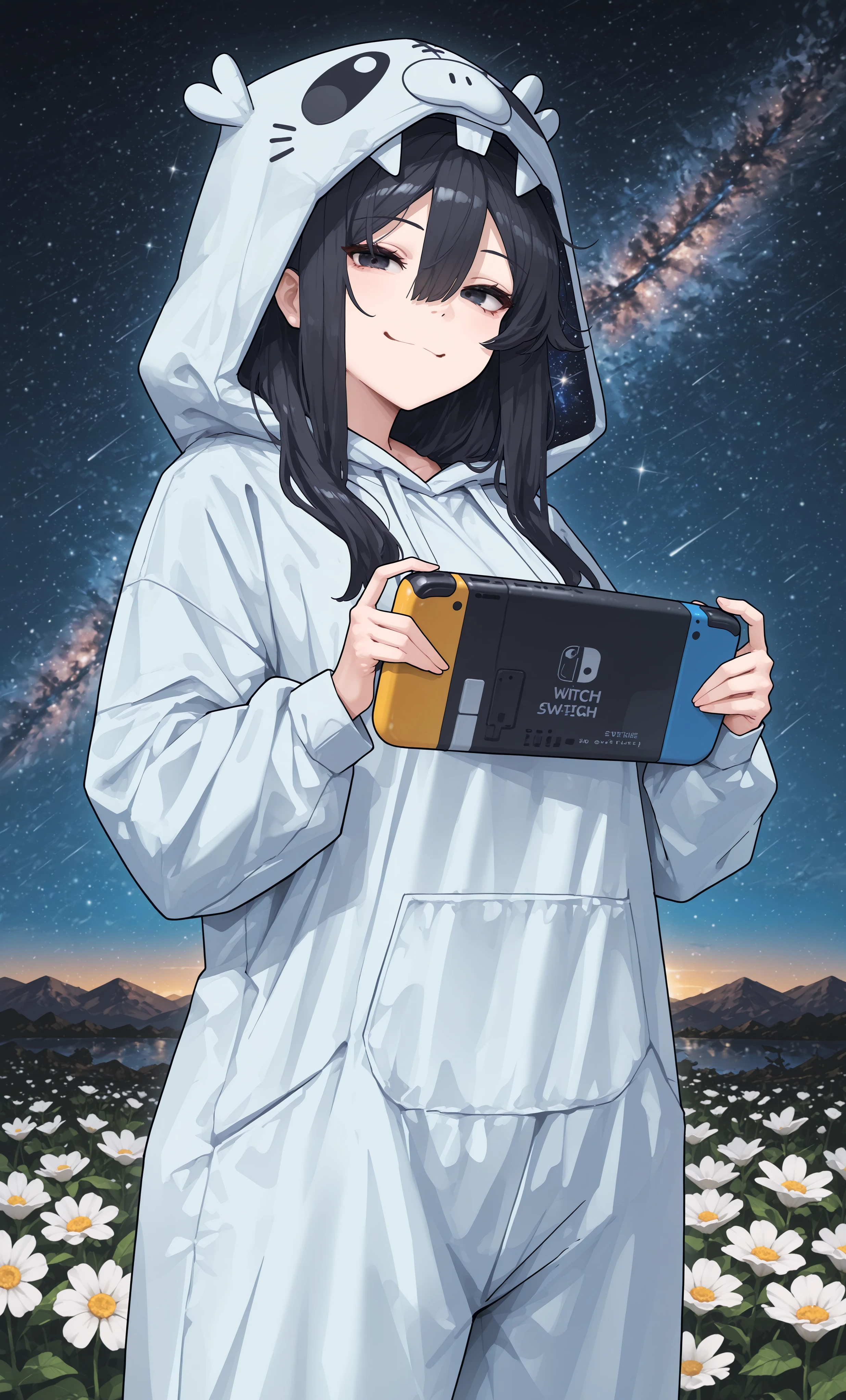 masterpiece, best quality,high quality, newest, highres,absurdres, traditional media, Gloomyowl, 1girl, sidelock, solo, black hair, hair between eyes, cowboy shoot, v, smile, holding, nintendo switch, handheld game console, standing, looking at viewer, closed mouth, long hair, bangs, kigurumi, hood up, hood, black eyes space, sky, white flower, star (sky), starry sky, <lora:GloomyowlStyle_IL:1>