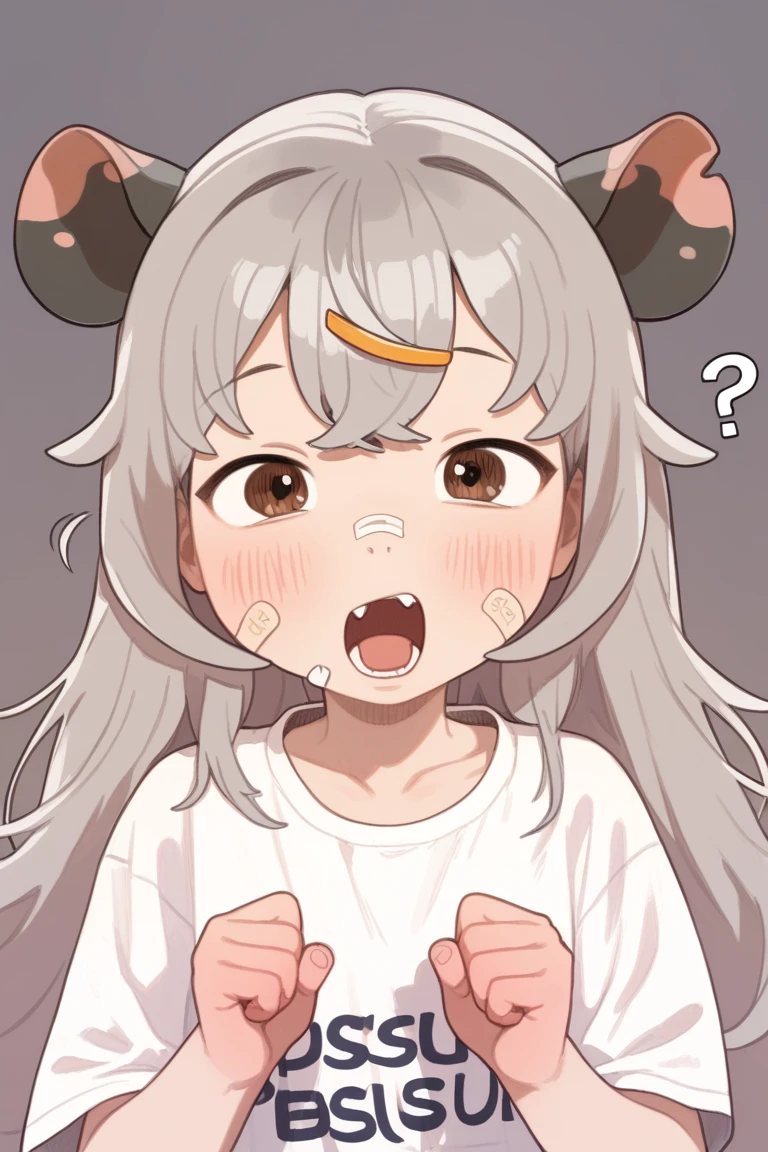Score_9, Score_8_up ,little girl, possum girl, half-closed eyes, pssmm style, by pssmm, pssmm, 1girl, long hair ,grey hair,hair_clip ,bandaid on face , band-aid,brown eyes ,hair_ornament, blush, looking_at_viewer ,white shirt , solo , simple background , confused ,teeth , cute_fang ,surprised ,