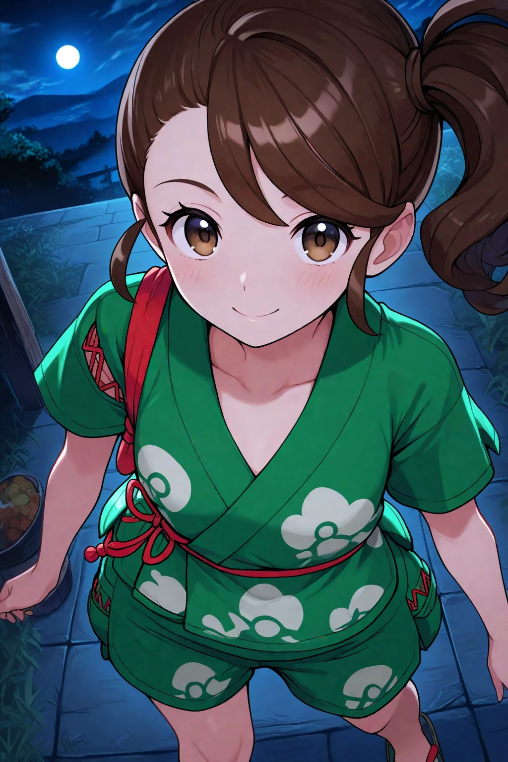 2d, masterpiece, best quality, amazing quality, 1girl, solo, close-up, standing, smile, upper body, from above, dutch angle, looking at viewer, night, moonlight, sky, tmjuliana, brown eyes, side ponytail, brown hair, japanese clothes, collarbone, green shirt, short sleeves, green shorts, pocket, sandals, toes
