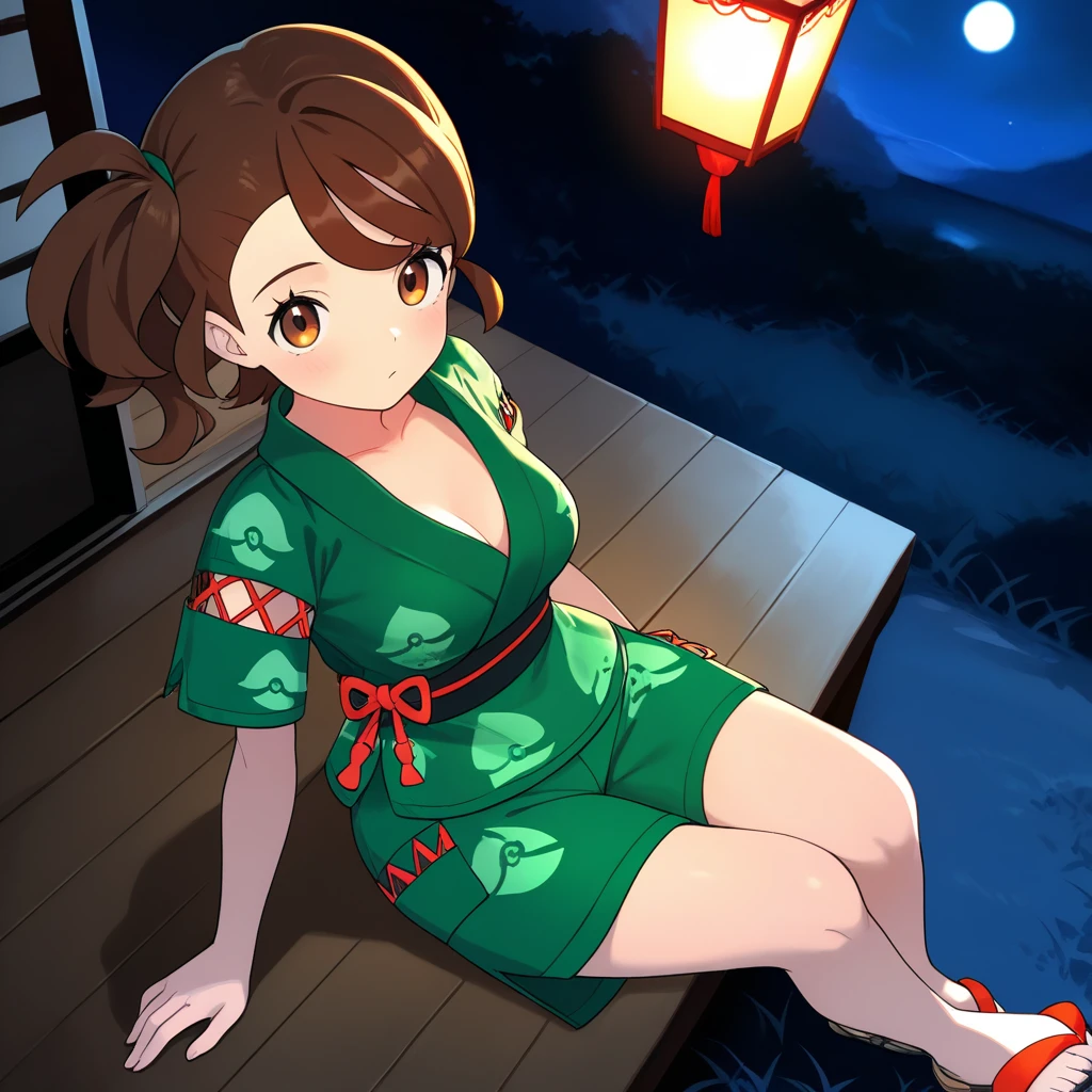 2d, masterpiece, best quality, amazing quality, highres, absurdres, newest, 1girl, solo, sitting, yokozuwari, from above, dutch angle, looking at viewer, night, moonlight, sky, medium breasts, tmjuliana, brown eyes, side ponytail, brown hair, sidelocks, japanese clothes, collarbone, green shirt, short sleeves, green shorts, pocket, sandals, toes