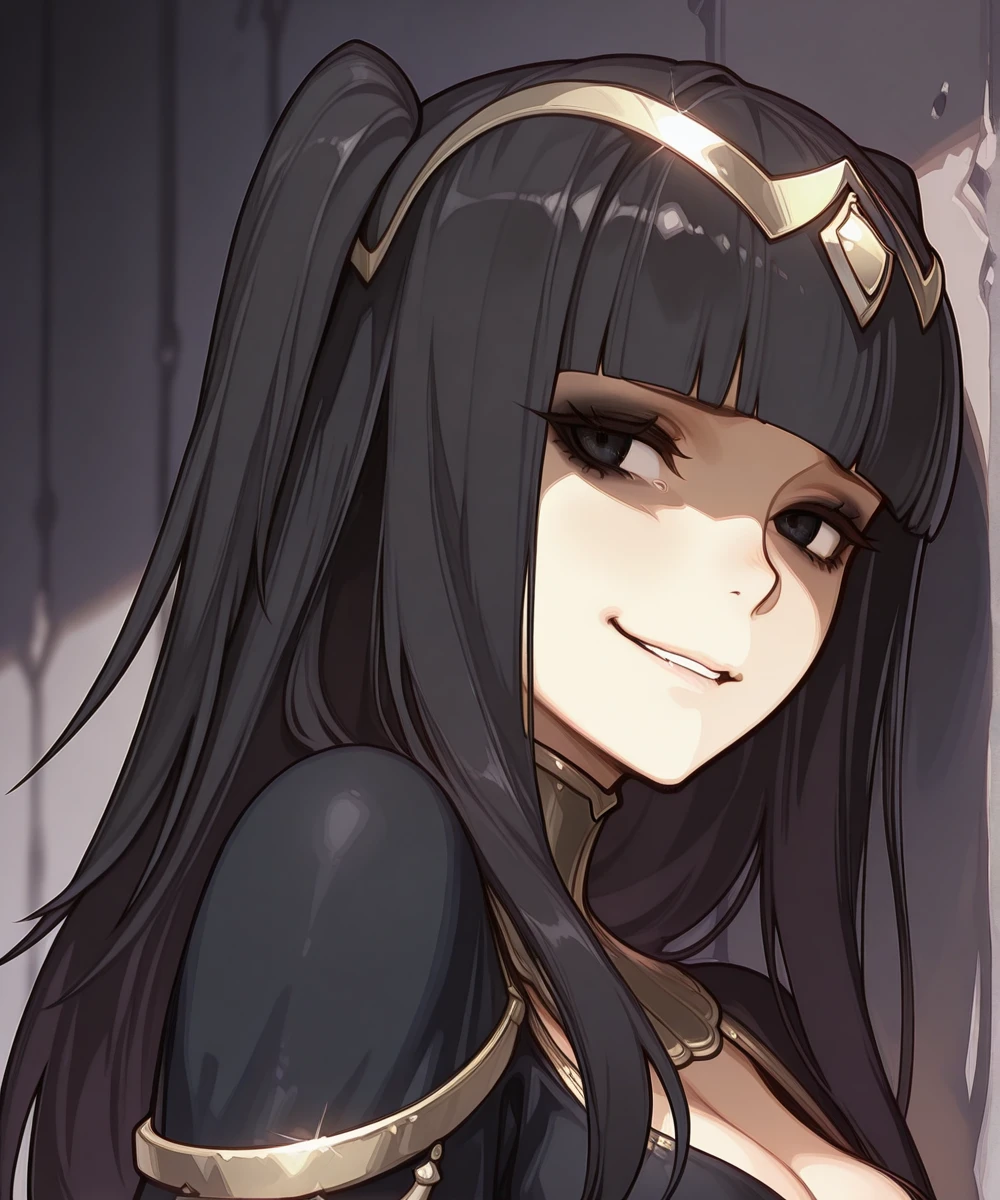 <lora:FE-Shadows-IL:1>, FE-Sh4d0wsV, masterpiece, masterwork, absurdres, 8k, uhd, high detailed face, high detailed eyes, perfect eyes, <lora:Tharja-IL:1>, Th4rj4, 1girl, solo, long hair, nervous smile, black eyeshadow, black hair, blunt bangs, goth girl, black eyes, tiara, shaded face, tharja (fire emblem), masterpiece, best quality, amazing quality, masterwork, cinematic light, harsh shadows, light and shadows, perfect composition