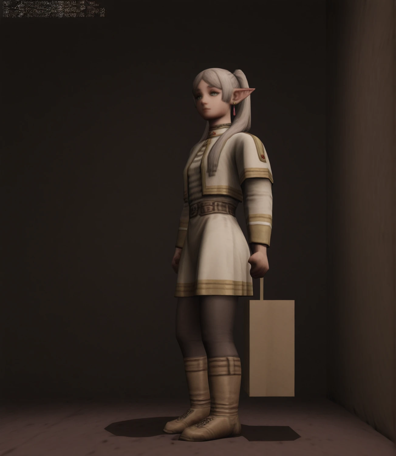 kingpin, realistic, (high quality, masterpiece:1.2), close up shot, flat chest, FrierenCasual,1girl, holding cardboard with a black lighting bolt logo and text "got a buzz?", 1girl, belt, black background, black pantyhose, boots, brown footwear, capelet, closed mouth, dress, earrings, elf, expressionless, frieren, full body, gold trim, green eyes, grey hair, jewelry, long hair, long sleeves, pantyhose, parted bangs, pointy ears, shirt, skirt, solo, striped clothes, striped shirt, twintails, white capelet, white dress, white hair, white skirt, <lora:Kingpin_-_Life_of_Crime_Style_ILXL:2.1> <lora:SousouNoFrieren_Frieren_IlluXL:0.7>
