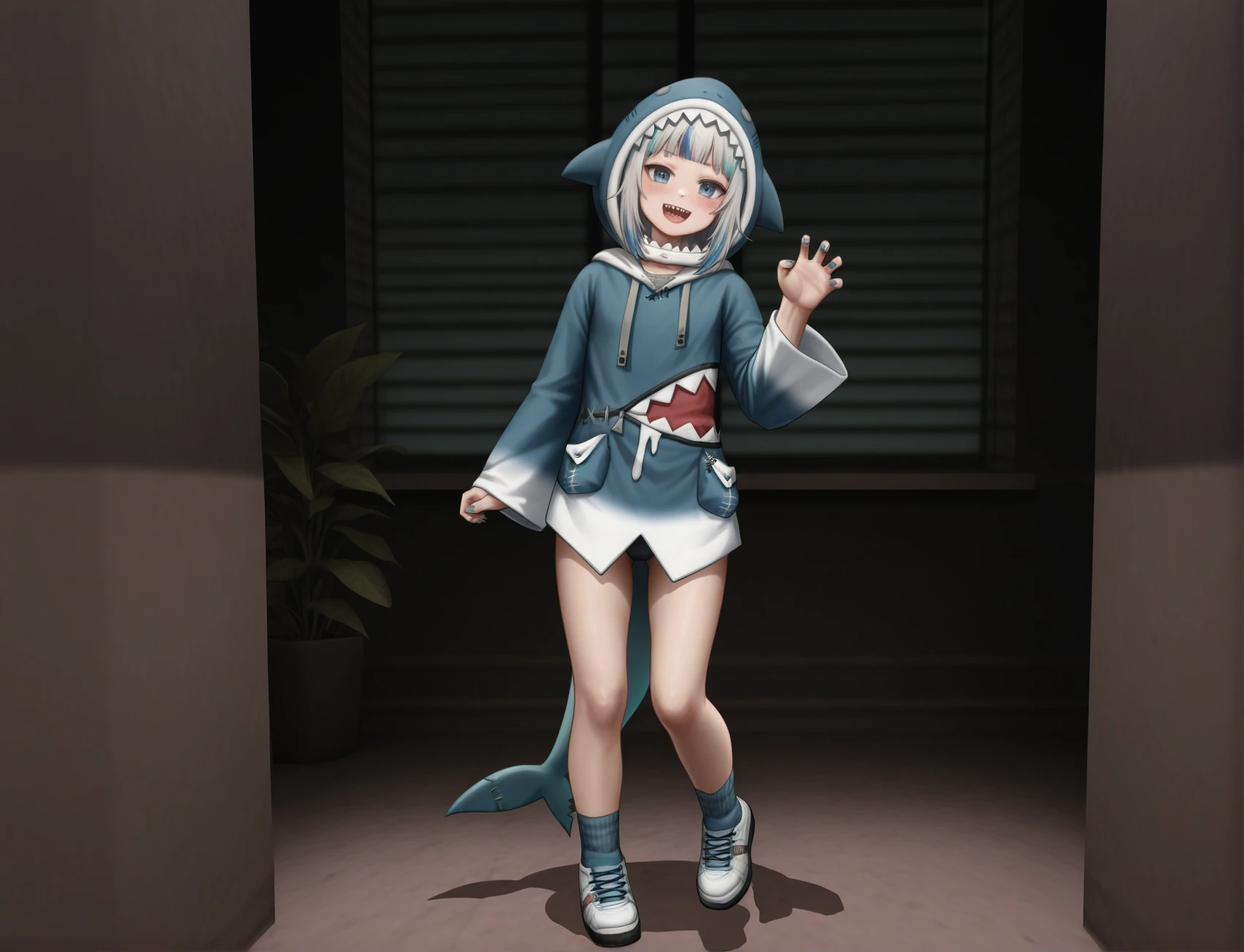 kingpin, realistic, (high quality, masterpiece:1.2), upper body, close up, cowboy shot,1girl, :d, animal costume, animal hood, black background, blue eyes, blue hair, blue hoodie, blue nails, blue socks, blunt bangs, blush, claw pose, drawstring, fins, fish tail, full body, gawr gura, gawr gura (1st costume), grey hair, hand up, hood, hood up, hoodie, long sleeves, looking at viewer, medium hair, multicolored hair, open mouth, shark costume, shark girl, shark hood, shark tail, sharp teeth, shoes, simple background, sleeves past wrists, smile, sneakers, solo, standing, standing on one leg, streaked hair, tail, teeth, virtual youtuber, white footwear, wide sleeves indoors, plant, realistic, window, high rise office, office, <lora:Kingpin_-_Life_of_Crime_Style_ILXL:1.8>