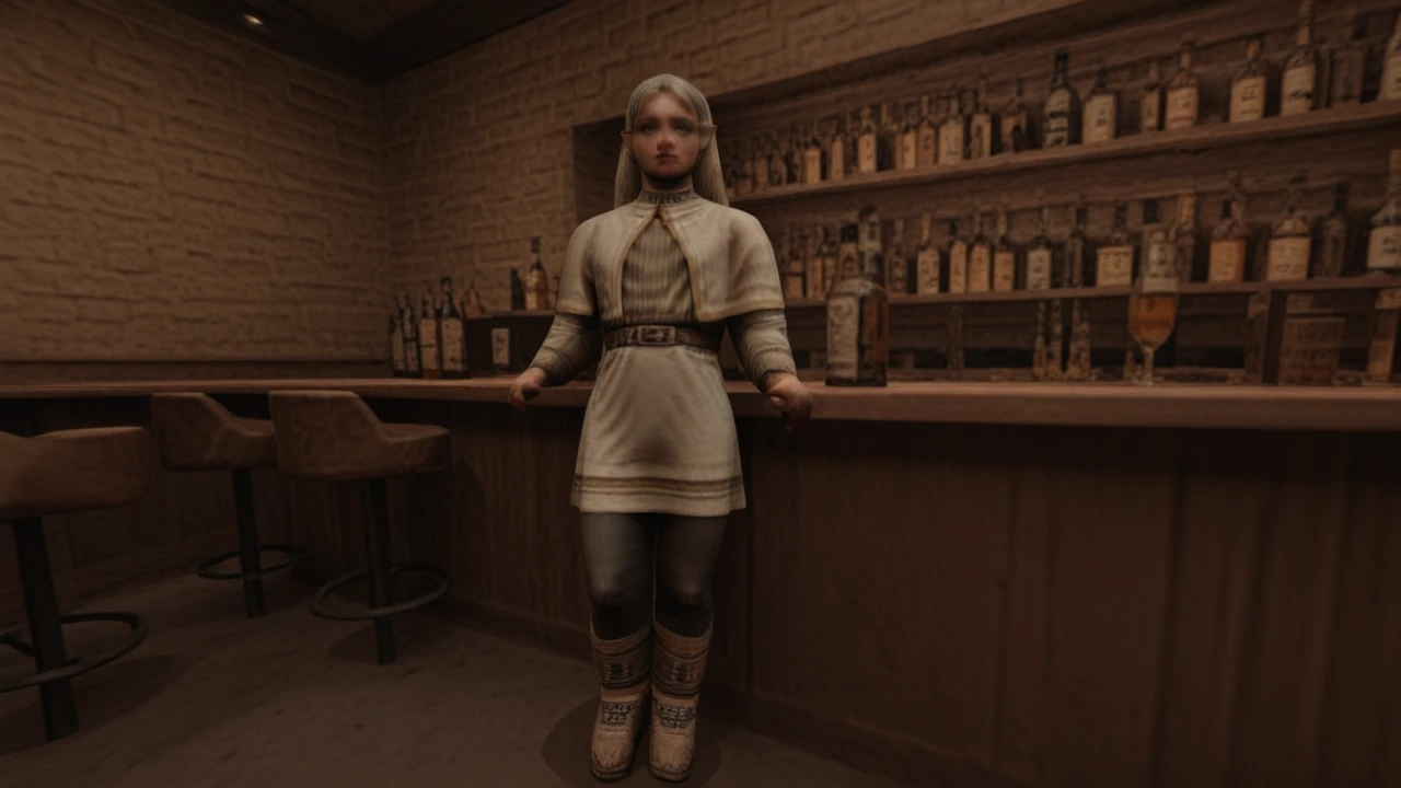 kingpin, realistic, (high quality, masterpiece:1.2), close up shot, flat chest, muscular,1girl, alcohol, bar (place), 1girl, belt, black background, black pantyhose, boots, brown footwear, capelet, closed mouth, dress, earrings, elf, expressionless, frieren, full body, gold trim, green eyes, grey hair, jewelry, long hair, long sleeves, looking at viewer, pantyhose, parted bangs, pointy ears, shirt, simple background, skirt, solo, standing, striped clothes, striped shirt, twintails, white capelet, white dress, white hair, white skirt, <lora:Kingpin_-_Life_of_Crime_Style_ILXL:1.7>