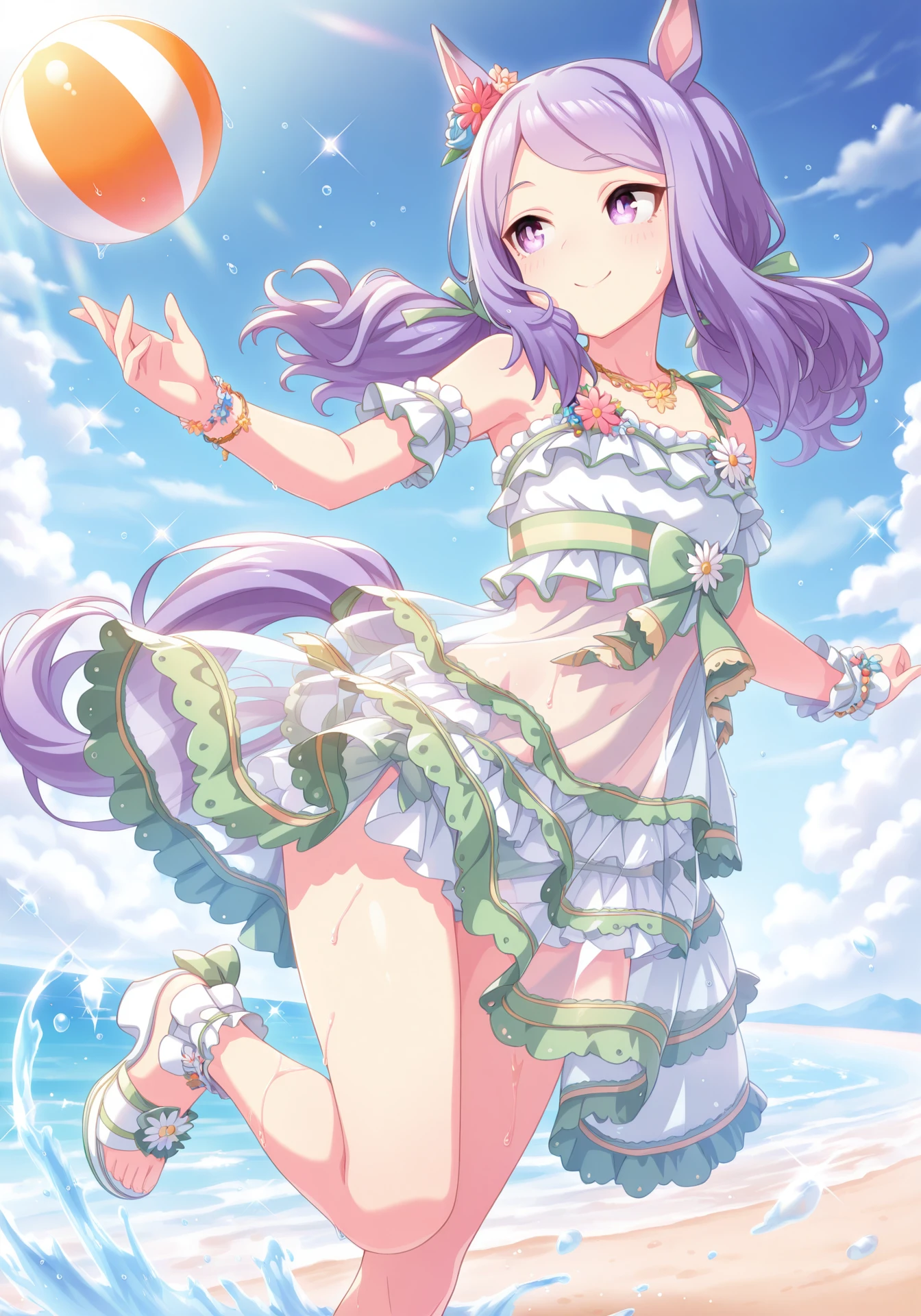 umaofficial,1girl,solo,mmacqueen,long hair,purple hair,horse girl,purple eyes,flat chest,
mmfairlady,see-through frilled dress,(green bikini:0.7),yellow necklace,ear flower,bracelet,green hair ribbon,ear flower,white sandals,low twintails,bikini under dress,
dynamic pose,beach,water,wet,smile,wink,ball,
masterpiece,best quality,highres,amazing quality,<lora:UmaOfficialILV1.0:0.8>,<lora:MejiroMacqueenILMainV1:1>,
