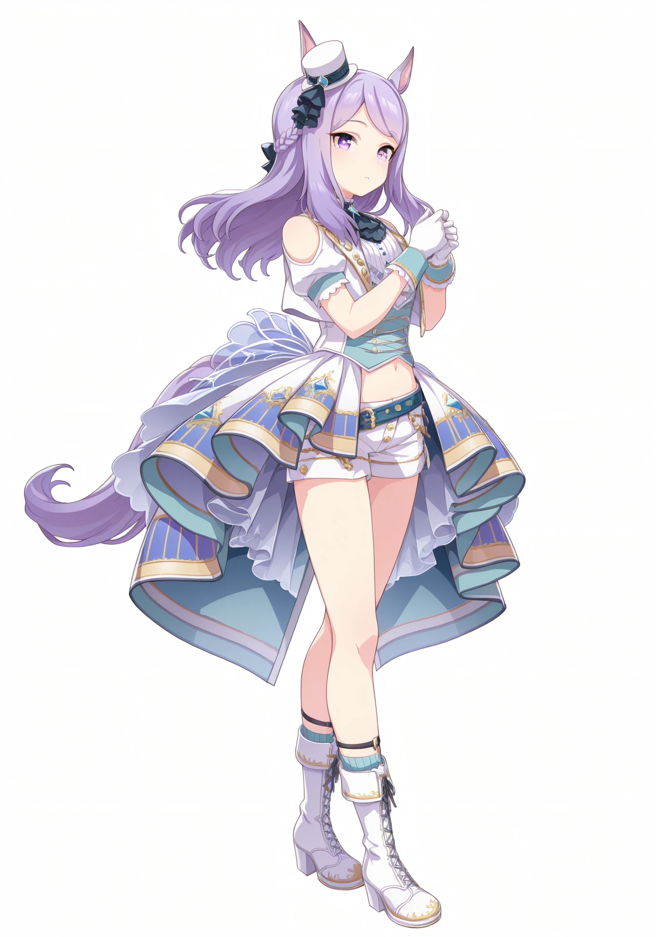 (white background:1.3),transparent background,umaofficial,1girl,solo,mmacqueen,long hair,purple hair,horse girl,purple eyes,flat chest,
mmsky,overskirt,white midriff,white cropped jacket,white shorts,white mini top hat,shoulder cutout,white gloves,ascot,belt,white cross-laced boots,white gloves,crown braid,
standing,looking at viewer,full body,
full body,masterpiece,best quality,highres,amazing quality,<lora:UmaOfficialILV1.0:0.8>,<lora:MejiroMacqueenILMainV1:1>,