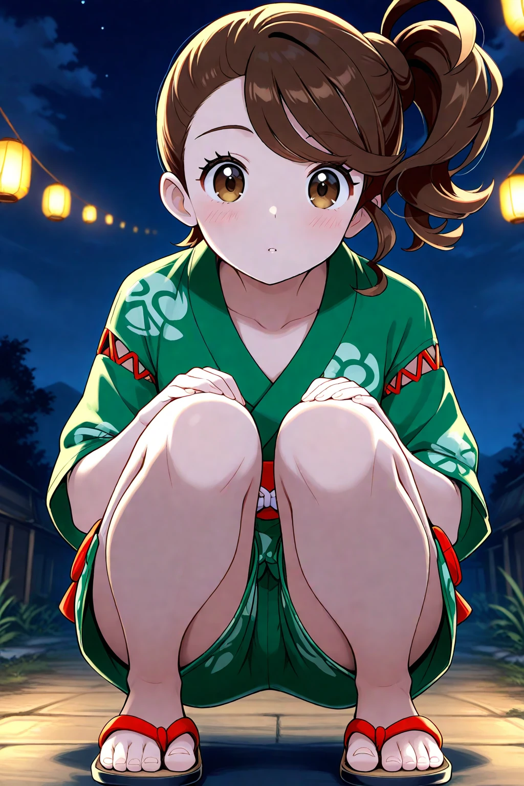 2d, masterpiece, best quality, amazing quality, 1girl, solo, close-up, squatting, looking at viewer, night, moonlight, sky, tmjuliana, brown eyes, side ponytail, brown hair, sidelocks, japanese clothes, collarbone, green shirt, short sleeves, green shorts, pocket, sandals, toes