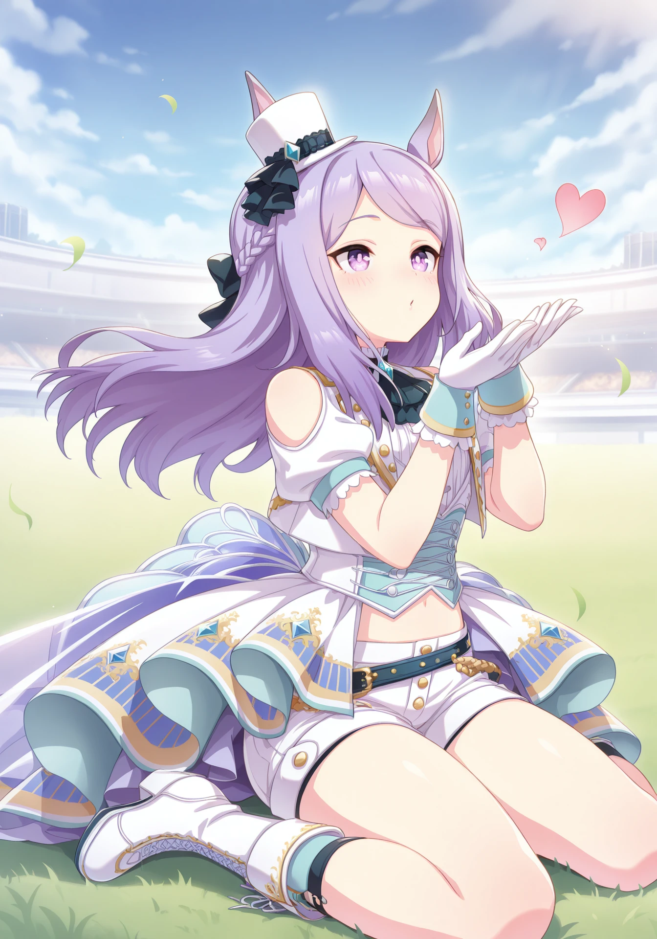 umaofficial,1girl,solo,mmacqueen,long hair,purple hair,horse girl,purple eyes,flat chest,
mmsky,overskirt,white midriff,white cropped jacket,white shorts,white mini top hat,shoulder cutout,white gloves,ascot,belt,white cross-laced boots,white gloves,crown braid,
dynamic pose,outdoors,sitting,wariza,blush,blowing kiss,
masterpiece,best quality,highres,amazing quality,<lora:UmaOfficialILV1.0:0.8>,<lora:MejiroMacqueenILMainV1:1>,