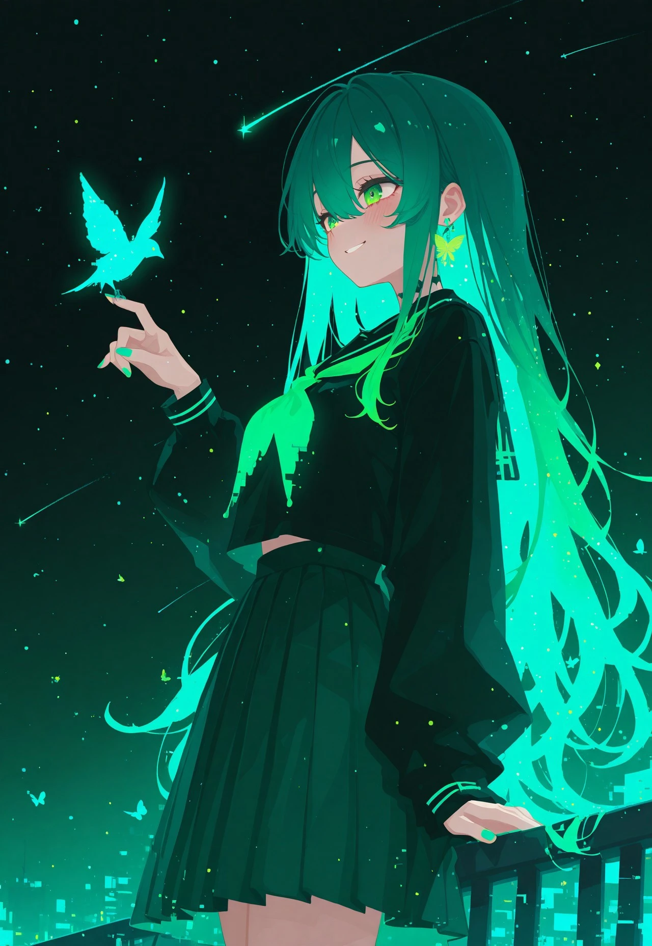 safe_pos, masterpiece, best quality, good quality, newest, highres, absurdres, volumetric lighting,gradient color, flat color, no lineart
1girl, solo, green eyes, green hair, long hair, hair between eyes, bangs, green nails, black blouse, long sleeves, a pleated skirt, and a green neckerchief, standing at the edge of a school rooftop,smiles,blue ombre tips ,gazing at the stars,gentle breeze, hair flowing, night, shooting star streaks across the sky,starry night,
bird, butterfly, jewelry, earrings, blush, from side, low angle, looking at animal, ,abstract, detailed, glowing stars, background, glitch