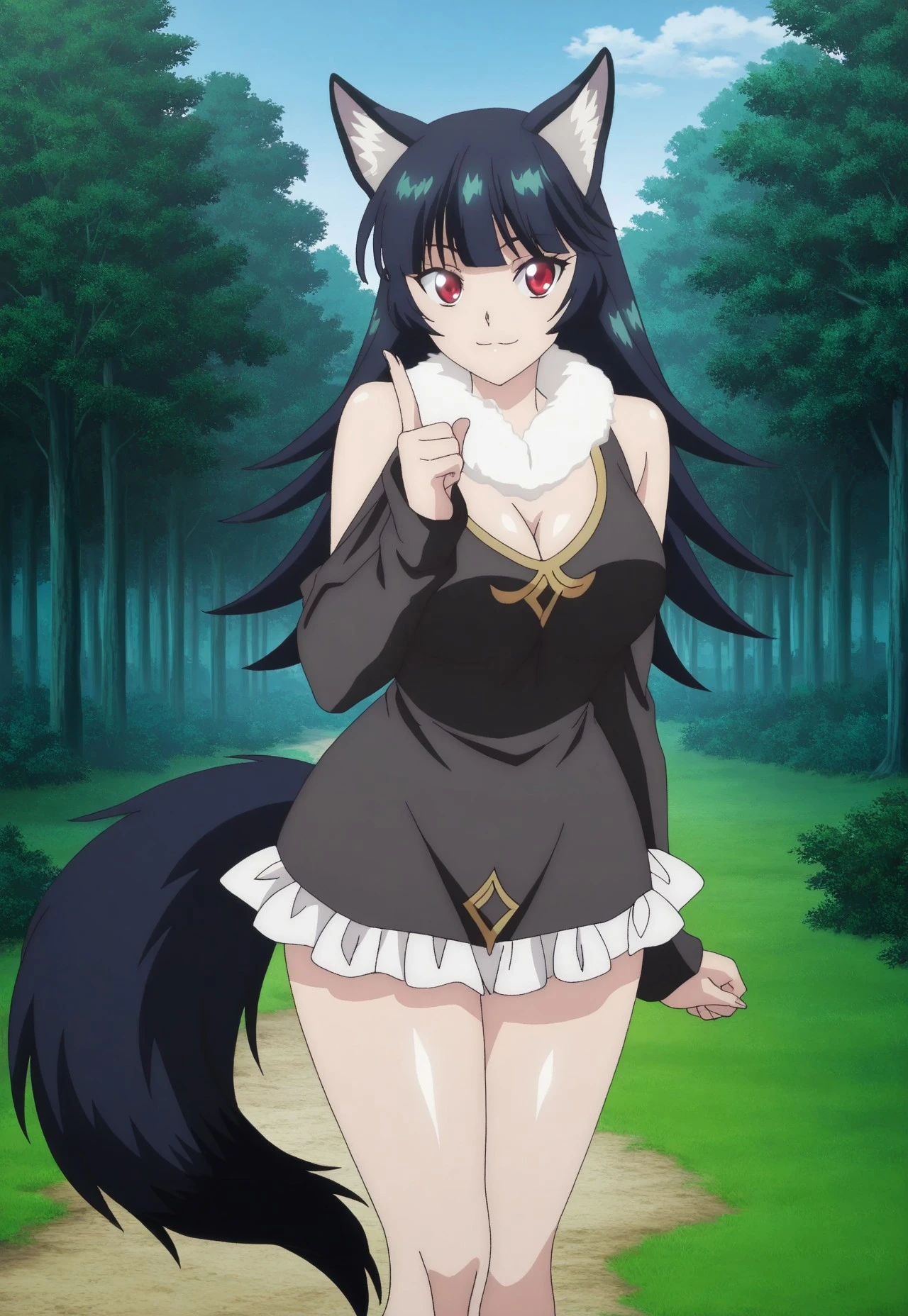 yukinoshita yukino, atomically correct, best quality, masterpiece, high quality, high details, highres, HD, (shaded face:1.2), hollow eyes, grey eyes, looking at viewer, heavy breathing, smirk, upper teeth, black hair, long hair, large breasts, dangerous_beast, animal_ears, mash_kyrielight, tail, 1girl, gloves, wolf_tail, elbow_gloves, breasts, fur_trim, wolf_ears, mash_kyrielight_(cosplay), looking_at_viewer, short_hair, thighhighs, blush, open_mouth, solo, o-ring, cosplay, red_eyes, letterboxed, fur-trimmed_legwear, revealing_clothes, fur_collar, pink_bow, claw_pose, bangs, smile, cleavage, fur-trimmed_gloves, o-ring_top, ahoge, purple_gloves, bare_shoulders, halloween_costume, all_fours,yukinoshitaYukino