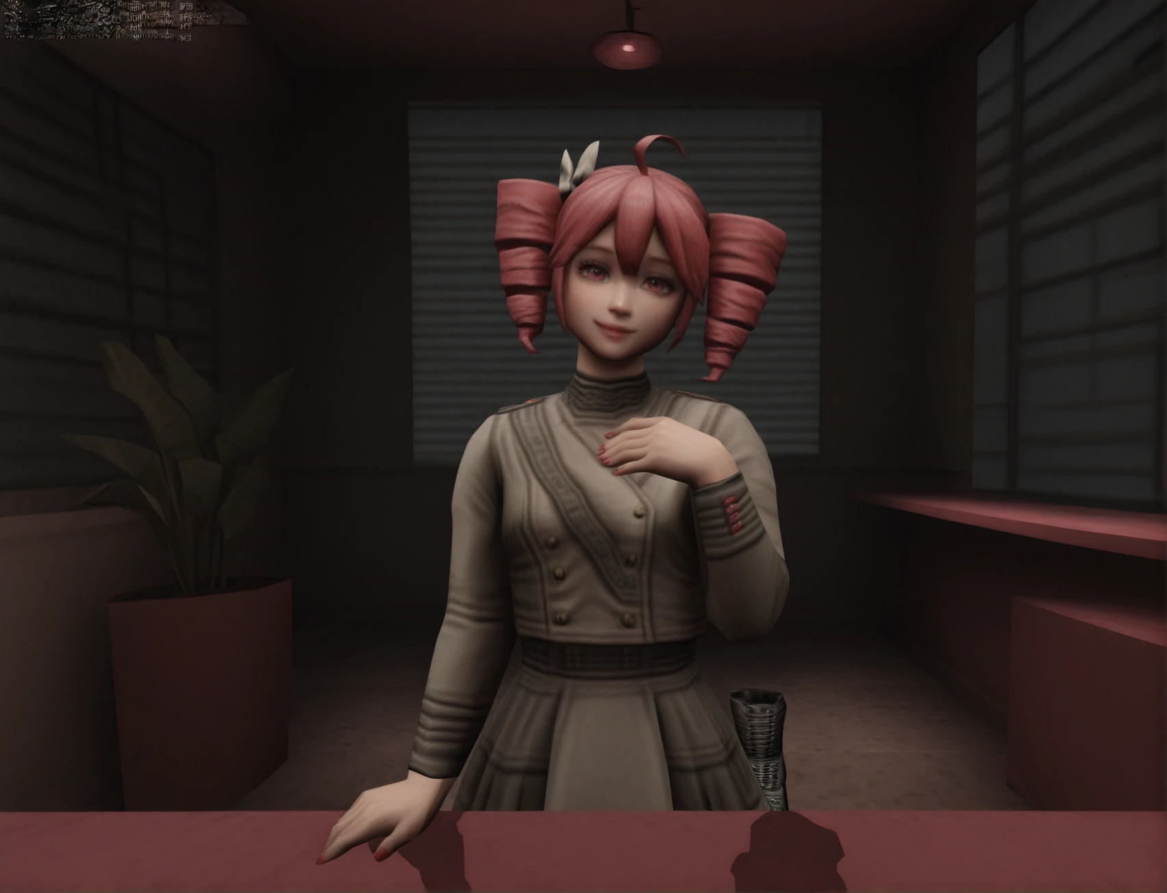 kingpin, realistic, (high quality, masterpiece:1.2), upper body, close up, cowboy shot,1girl, ahoge, black background, black footwear, boots, bow, buttons, cross-laced footwear, double-breasted, drill hair, frilled skirt, frills, full body, grey jacket, grey skirt, hair bow, hand on own chest, jacket, kasane teto, lace-up boots, layered skirt, long sleeves, looking at viewer, multicolored hair, red eyes, red hair, red nails, shirt, simple background, skirt, sleeve cuffs, smile, solo, standing, twin drills, white bow, white hair indoors, plant, realistic, window, high rise office, office, <lora:Kingpin_-_Life_of_Crime_Style_ILXL:2>