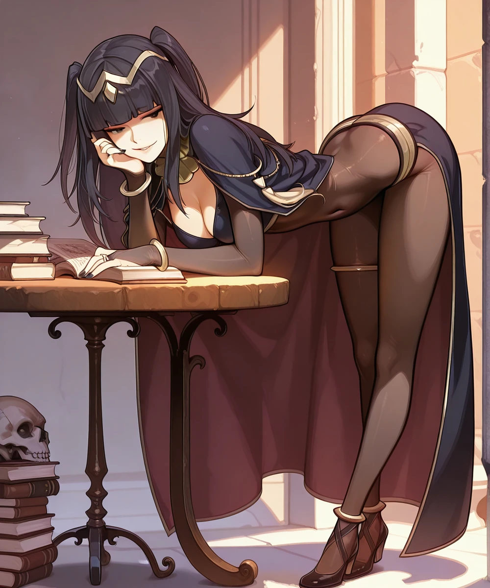 <lora:FE-Shadows-IL:1>, FE-Sh4d0wsV, masterpiece, masterwork, absurdres, 8k, uhd, high detailed face, high detailed eyes, perfect eyes, <lora:Tharja-IL:1>, Th4rj4, 1girl, solo, long hair, black hair, cleavage, jewelry, seductive smile, seductive eyes, full body, cape, nail polish, bracelet, two side up, book, bodysuit, covered navel, chair, tiara, bent over, bridal gauntlets, skull, bodystocking, book stack, medium breasts, tharja (fire emblem), masterpiece, best quality, amazing quality, masterwork, cinematic light, harsh shadows, light and shadows, perfect composition