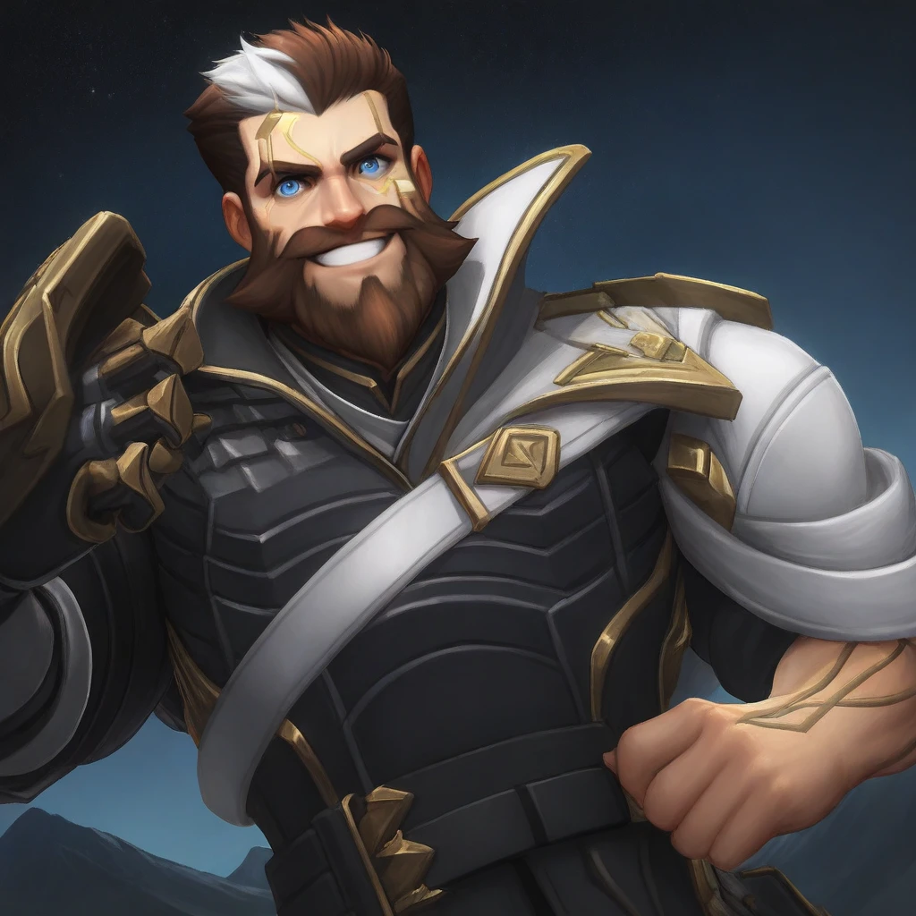 Big bulk man, black beard, golden armor, big arms, big hammer, smiling, high def, masterpiece, warrior, knight, fantasy, rpg