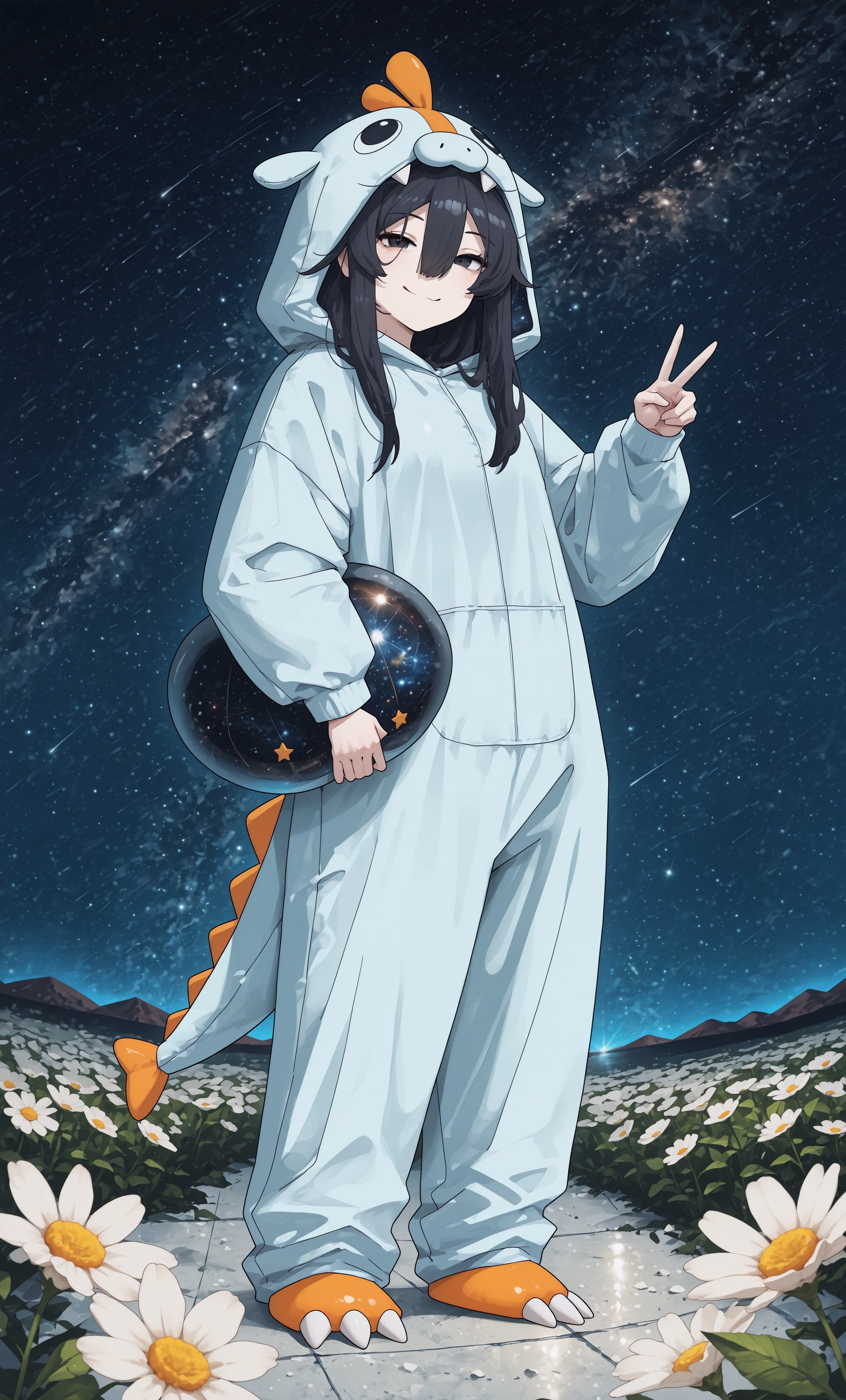 masterpiece, best quality,high quality, newest, highres,absurdres, traditional media, Gloomyowl, 1girl, solo, black hair, hair between eyes, full body, v, smile, holding, standing, animal costume, looking at viewer, closed mouth, long hair, bangs, cosplay, hood up, hood, black eyes space, sky, white flower, star (sky), starry sky, <lora:GloomyowlStyle_IL:1>