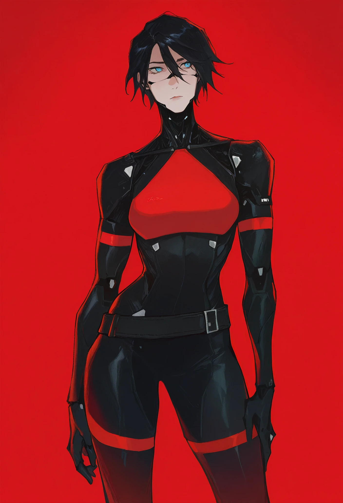 1girl, solo, red background, red theme, contrapposto,
android, robot joints, short hair, black hair, blue eyes, two-tone bodysuit, black bodysuit, red bodysuit, black gloves, belt,
masterpiece, best quality <lora:AmiThompson-adafactor-guy90:1>, nosima, <lora:signalis_elster_illustriousXL:1>, elst3r