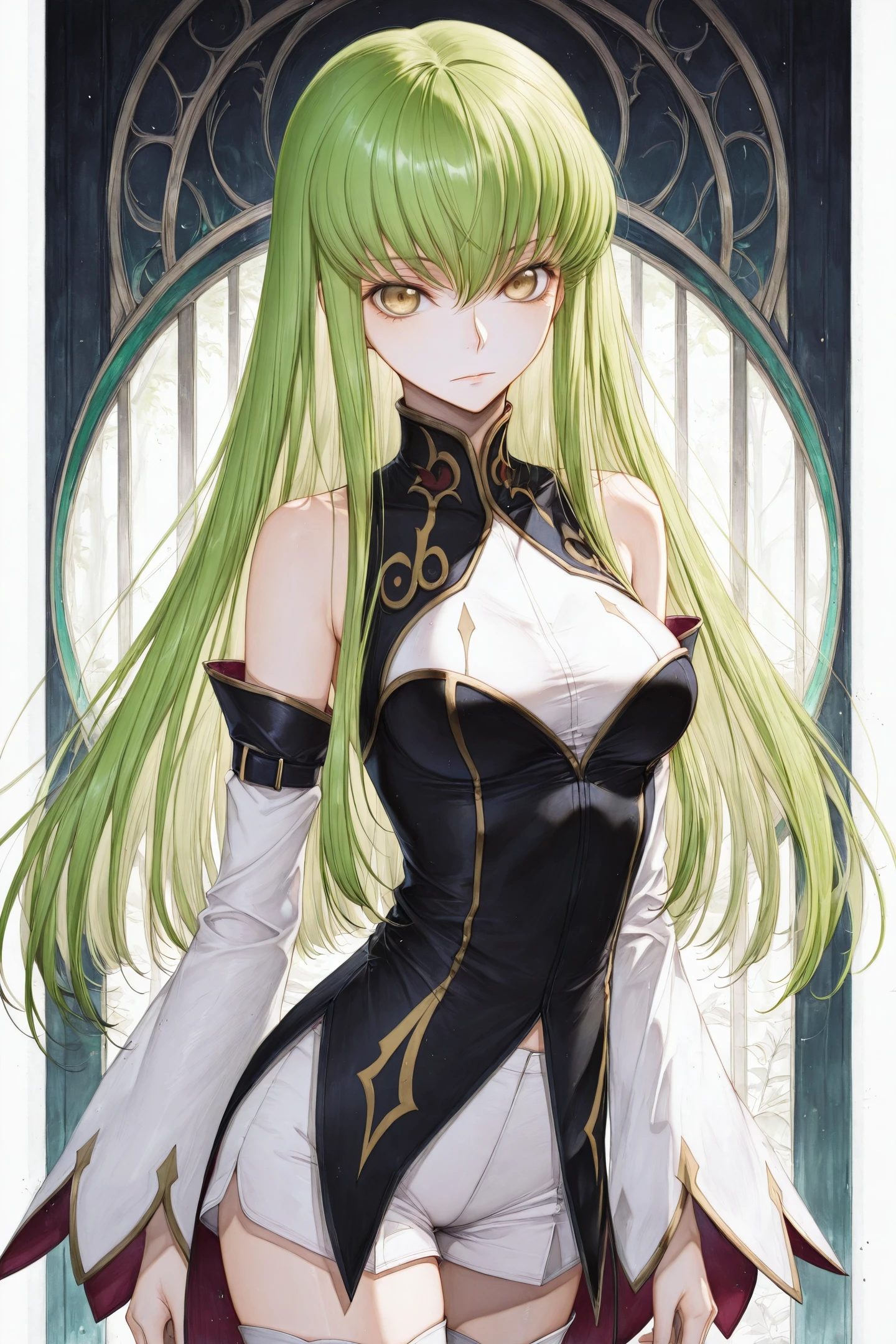 cowboy shot,solo,1girl,c.c.,expressionless,green hair,long hair,looking at viewer,detached sleeves,white shorts,thighhighs,bare shoulders,code geass,upper body,standing,traditional media,
<lora:Hito komoru_illustriousXL:1>,