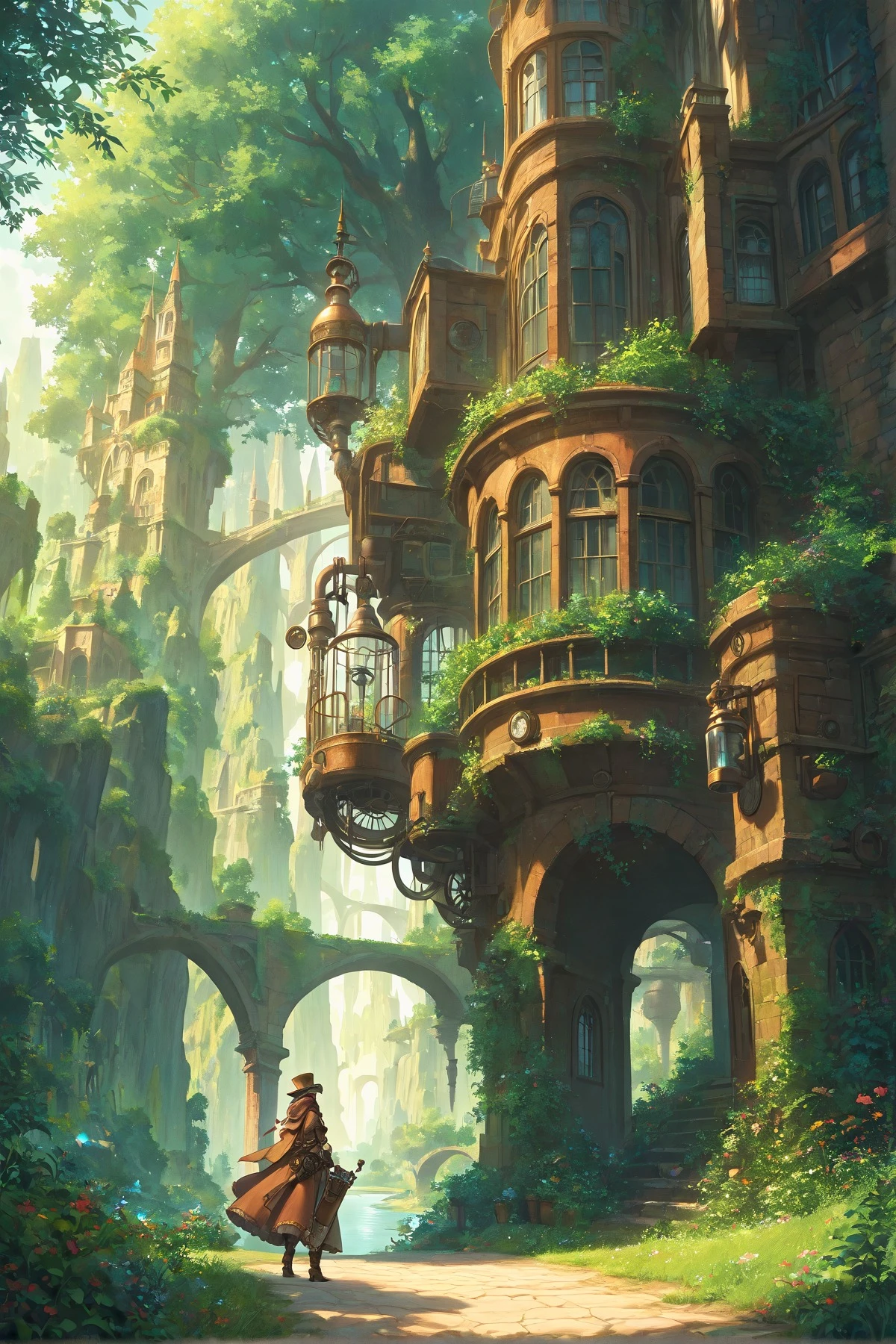 masterpiece,best quality,absurdres,
fantasy,steampunk,nature,landscape,1girl