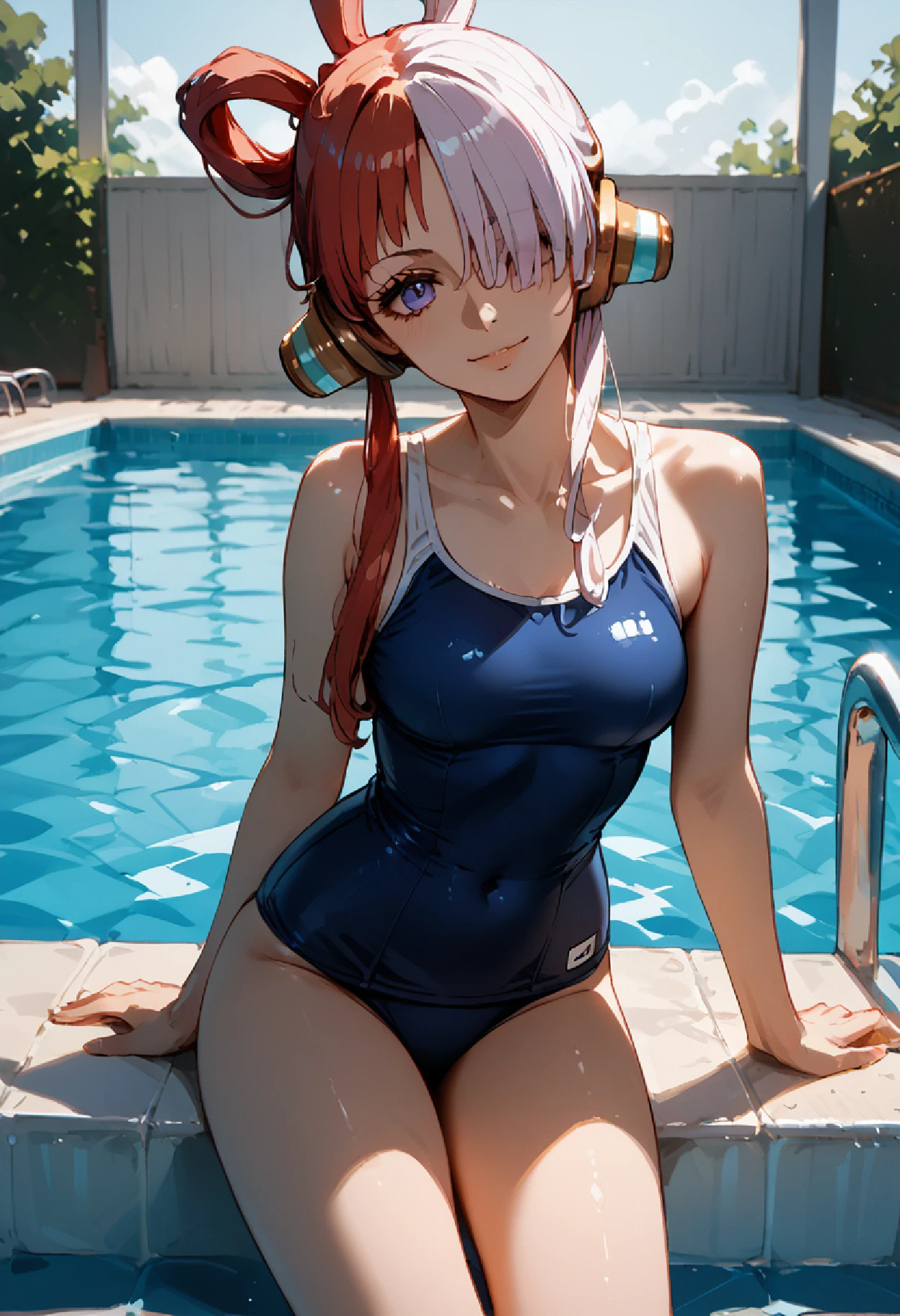 beautiful young woman, anime style, detailed face, red hair, hair down, large eyes, pink eyes, delicate features, soft lighting, wearing a choker, wearing a school swimsuit, by the pool, water reflections, relaxed posture, sunny day, detailed background, Japanese anime style, hand-drawn, high quality, highly detailed, 8k resolution, cinematic lighting, best quality, vibrant colors