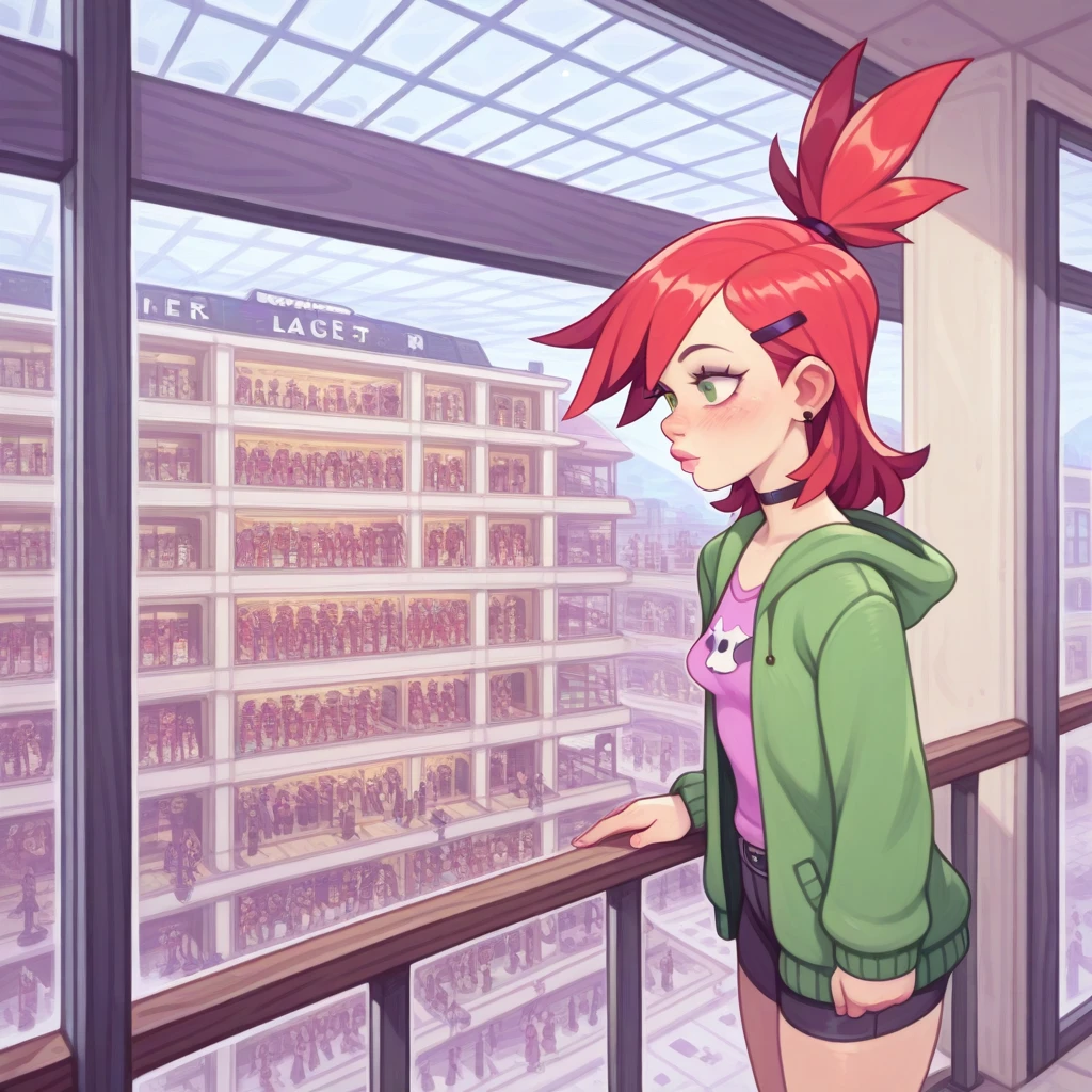 source_western, human, drawn by owler, drawn by cyancapsule, cowboy shot,  ((frankie_foster\(foster's home for imaginary friend\)), green eyes), [[small breasts]],
<lora:Mall_Atrium:1> m411, shopping mall, mall atrium, ((multiple floors, indoor balconies, indoor chasm)), adult crowded, (multiples storefronts, shop windows, glass doors), glass roof,  spacious interior, (asymmetrical composition), (on upper balcony looking over edge at ground level, side view), 
,(zoomed out)