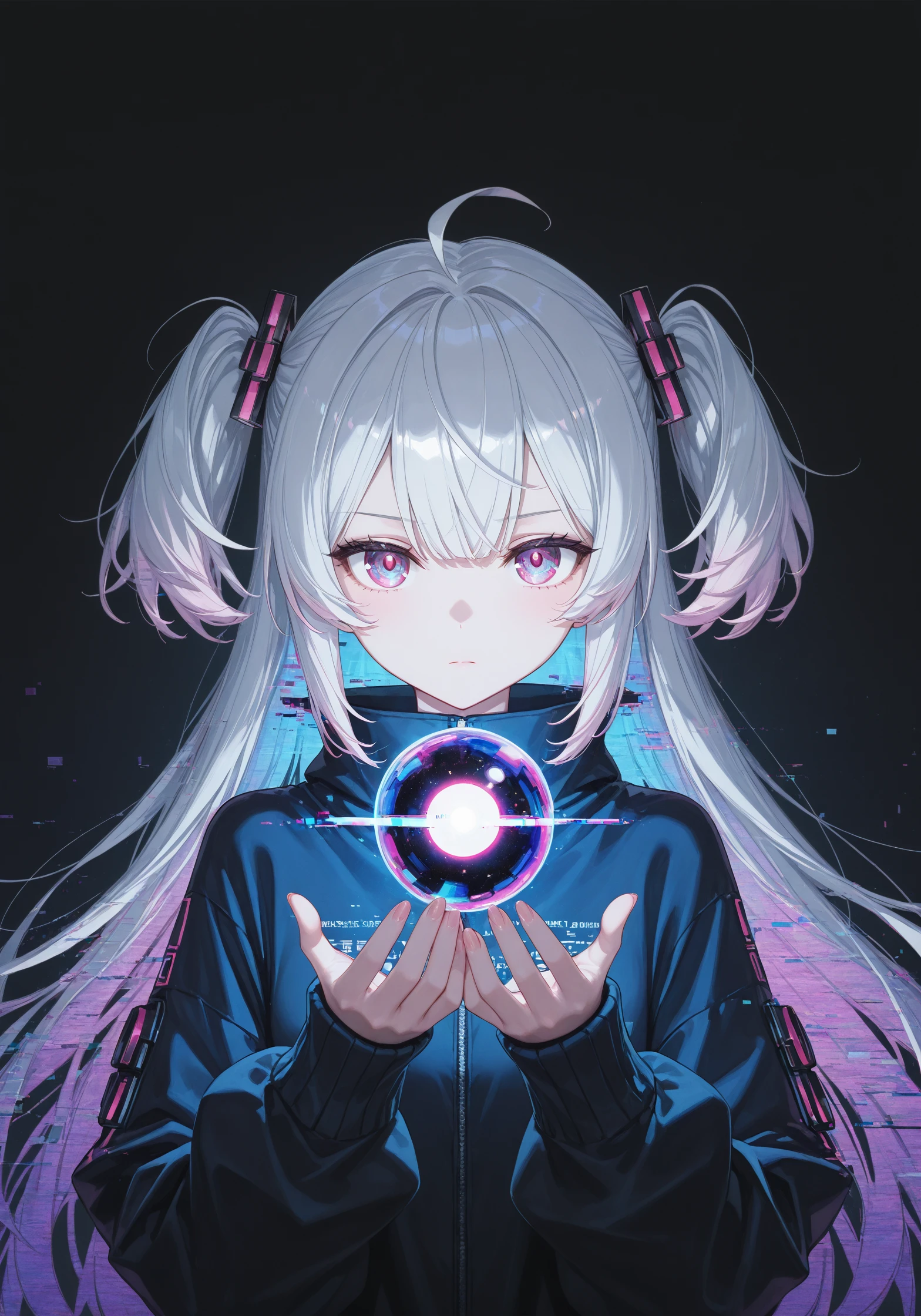 (masterpiece), high quality, best quality, newest,
anime character, (glitch girl), glitch, simple background, background, cute hair style, ahoge, intended glitch effect, motion, BREAK extreme quality, cg, masterpiece, 8k, dark theme, glowing, serious but cute, glowing orb, holding orb, gravity