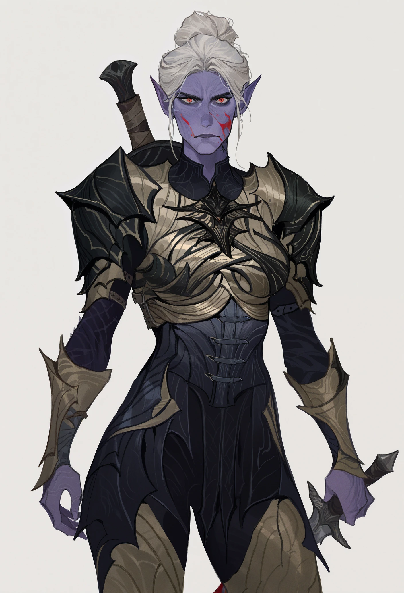 1girl, solo, white background, looking at viewer, lips, holding knife, blood on face, closed mouth, weapon on back,
colored skin, purple skin, pointy ears, red eyes, hair bun, short hair, white hair, neck tattoo, medium breasts, yellow breastplate, shoulder armor, armor, undershirt, yellow greaves
masterpiece, best quality, <lora:AmiThompson-adafactor-guy90:1>, nosima, <lora:Minthara-NoobAi-1.1_V1-Manityro-CAME:1>