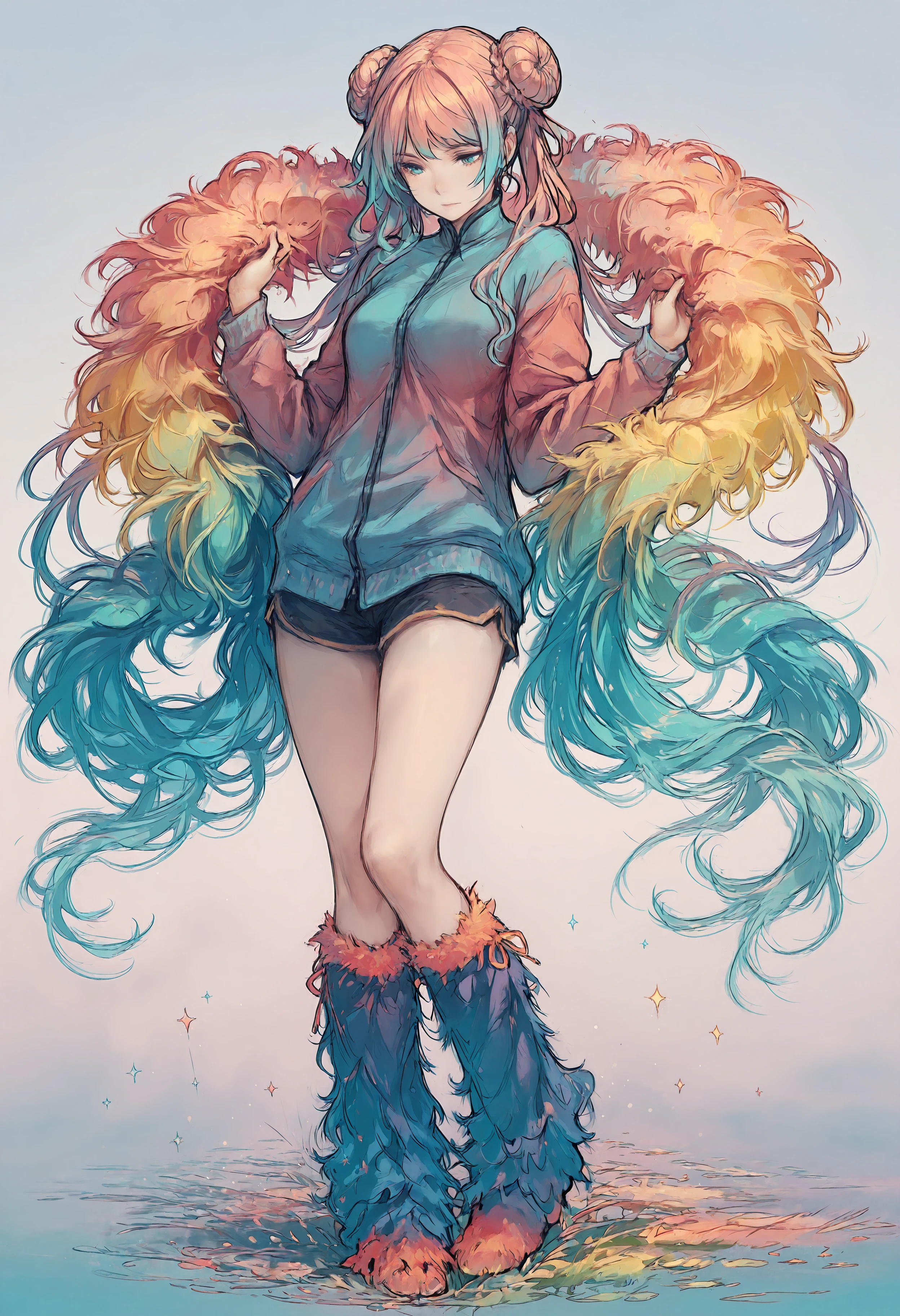 masterpiece, high_quality, highres, flat_colors, gradient, woman, hair_bun, braided, twin_tails, fluffy_leg_warmers