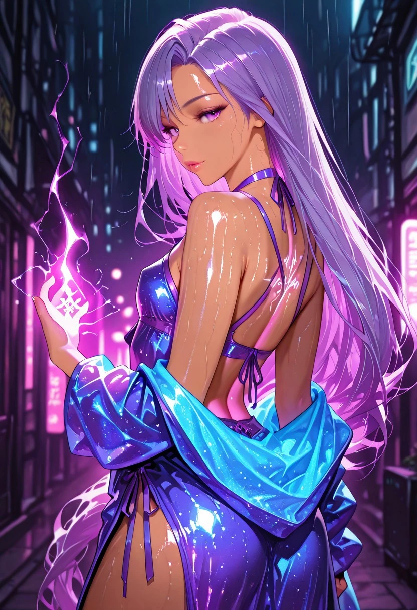 1girl, long purple hair, tangled, tan skin, small breasts, perky, glossy skin, neon robe, glowing runes on back, standing with spell energy, seductive gaze, looking at viewer, from side
BREAK
urban bazaar, glowing neon stalls, rainy glow, pulsing lights
BREAK
realistic anime style, ultra-detailed, 8K, absurdres, neon colors, depth of field, cinematic lighting, high contrast, pink glow, sharp outlines, rich details, urban magic
BREAK
masterpiece, ultra-detailed, 8K, vivid colors, source_realistic:1.6, score_9_up, score_8_up:1.3, anime style, vibrant colors, high contrast, dynamic light, warm glow, sharp outlines, rich details, seductive atmosphere