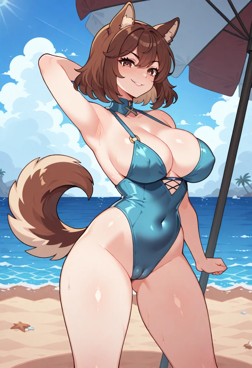 (islbelle:1.4),dog girl,dog ears,dog tail,brown hair,brown eyes,sexy outfit, sexy, slutty, <lora:cameltoe_illustrious_V1.0:1>,cameltoe:1.4,standing, legs apart,evil smile,side view,outside, beach, ocean, beach umbrella,detailed background,looking at viewer,amazing quality,<lora:Belle_-_Isekai_Slow_Life-000008:0.7>,