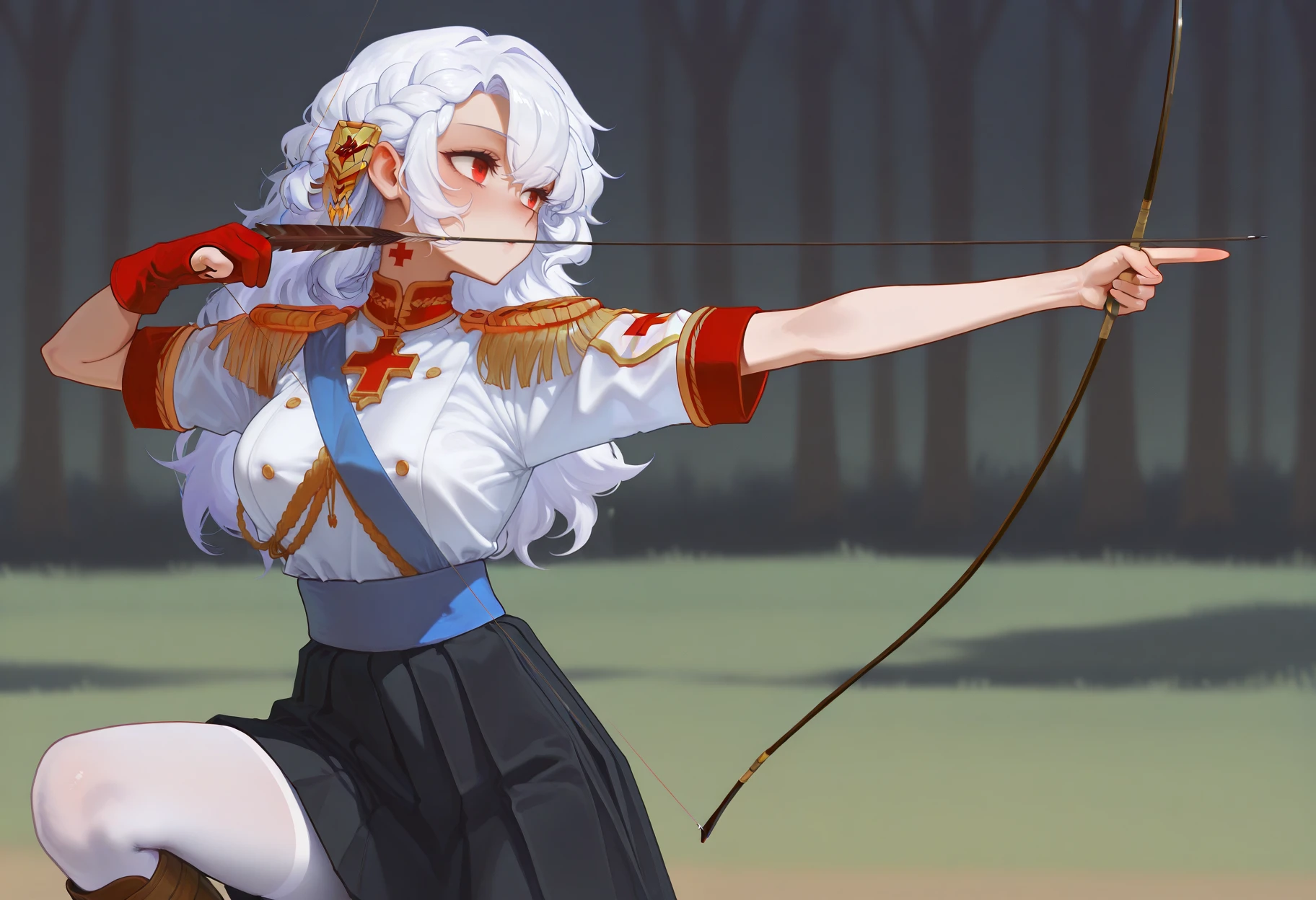 masterpiece, best quality, amazing quality, very aesthetic, absurdres, detailed,
1girl, solo, <lora:645654:1>, alpha1918, white hair, red eyes, hair ornament, black skirt, golden epaulets, white outfit, blue stripe, red cross on neck, blue sash across chest, white waist belt, brown boots, white stockings, <lora:kyudo-aiming-IL:1>, kyudo-aiming,aiming,arrow (projectile),bow (weapon),drawing bow,holding arrow,holding bow (weapon),partially fingerless gloves,yugake,