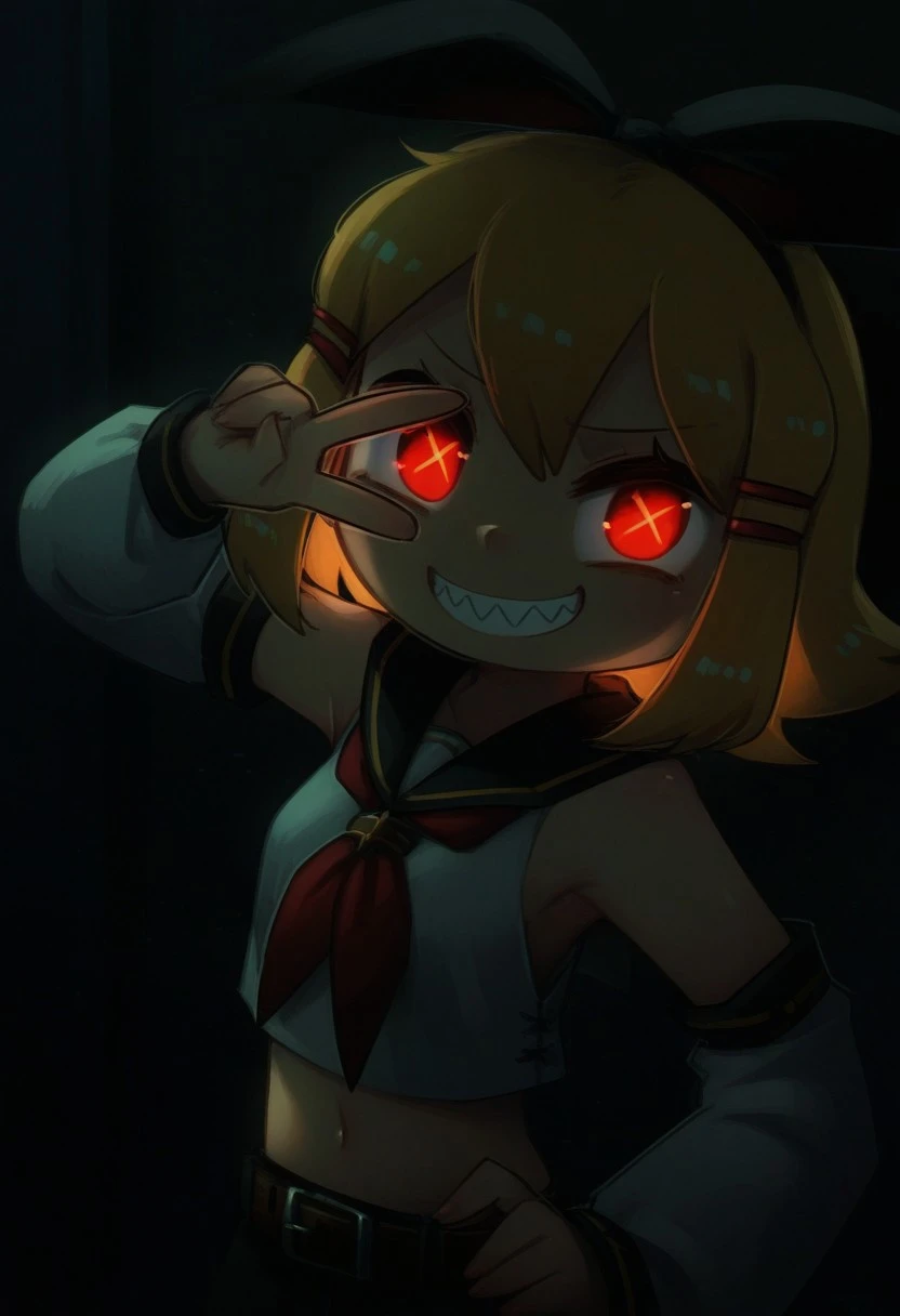 PRFRV Style, atmospheric lighting, 1girl, glowing eyes, glowing, smile, solo, hairclip, hair ornament, sharp teeth, grin, teeth, sailor collar, detached sleeves, short hair, blonde hair, looking at viewer, midriff, hair bow, bow, v, dark, navel, sleeveless, belt, v over eye, neckerchief, evil smile, crop top, shirt, armpits, bare shoulders
