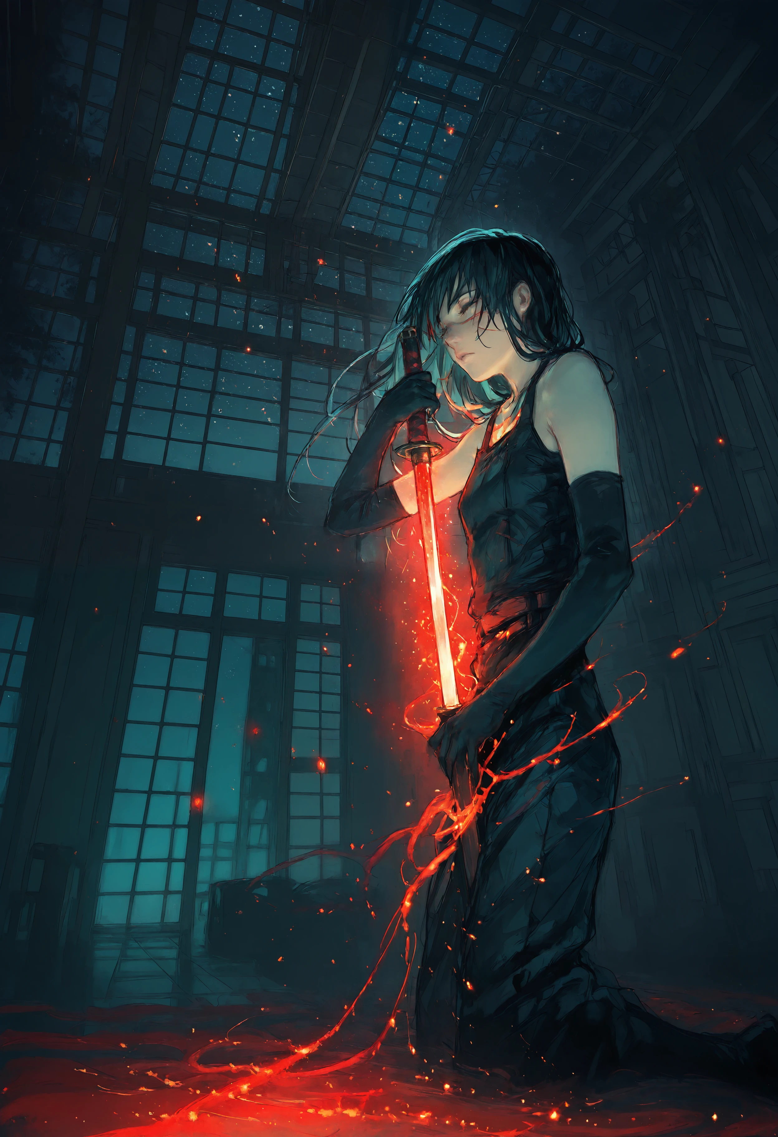 (by maegami /(daisuki oekaki1/):1.3), (by 96yottea:1.1), painterly, (by misawa hiroshi:0.8), film grain, , (limited palette:1.2), realistic, masterpiece, best quality, amazing quality, very aesthetic, (glowing theme:1.2), floating embers, underlighting, pulling sword, dutch angle, perspective, depth of field, blurry background, blurry foreground, blurry edges, yoru \(chainsaw man\), 1girl, solo, black gloves, black hair,elbow gloves, facial scar, closed eyes, human scabbard, katana, indoors, night, closed mouth, expressionless, relaxed, (from side:1.3), scar on cheek, scar on nose, dark background, glowing red particles, red-blue theme,