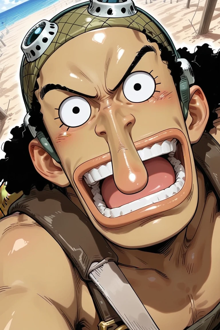 Expressive cute face, foreshortening, usopp-1male with long nose focus, black_usopp_hair, black eyes, looking at viewer, shiny skin, portrait, shade, shadow, dutch angle, dynamic angle, dynamic action, atmospheric perspective, intricately detailed, depth of field, masterpiece, best quality, amazing quality, very aesthetic, absurdres, newest, very awa