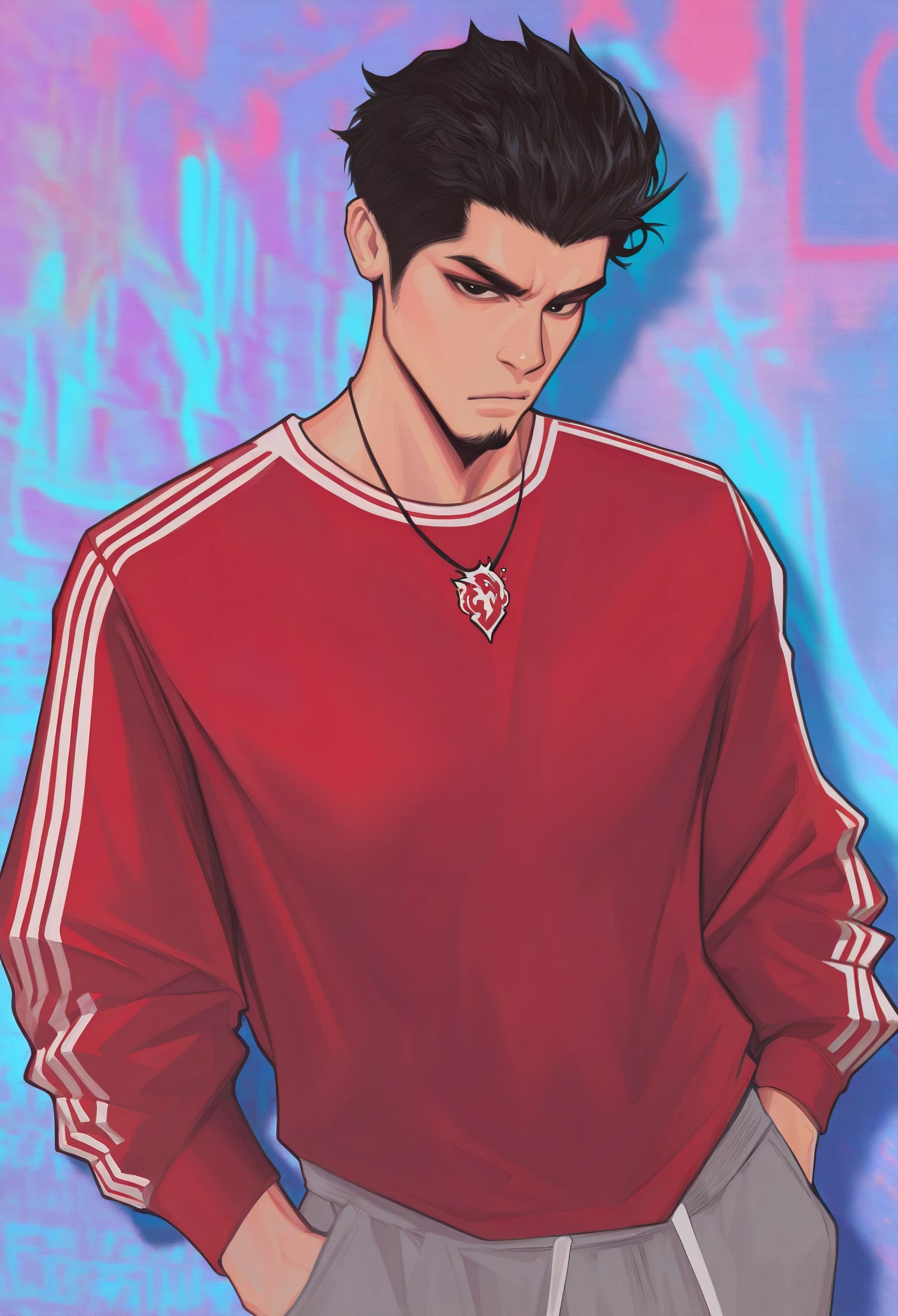 1boy, solo, abstract background, looking at viewer, blurry background, male focus, track pants, necklace, multicolored background, hands in pockets, track suit, red shirt, grey pants,
black eyes, goatee, black hair, short hair, facial hair,
masterpiece, best quality, <lora:MischiefMakersV1-Illustrious-guy90:1>, sresim, <lora:KazumaKiryu-guy90-Illust-LoraV1:1> Kazryu
