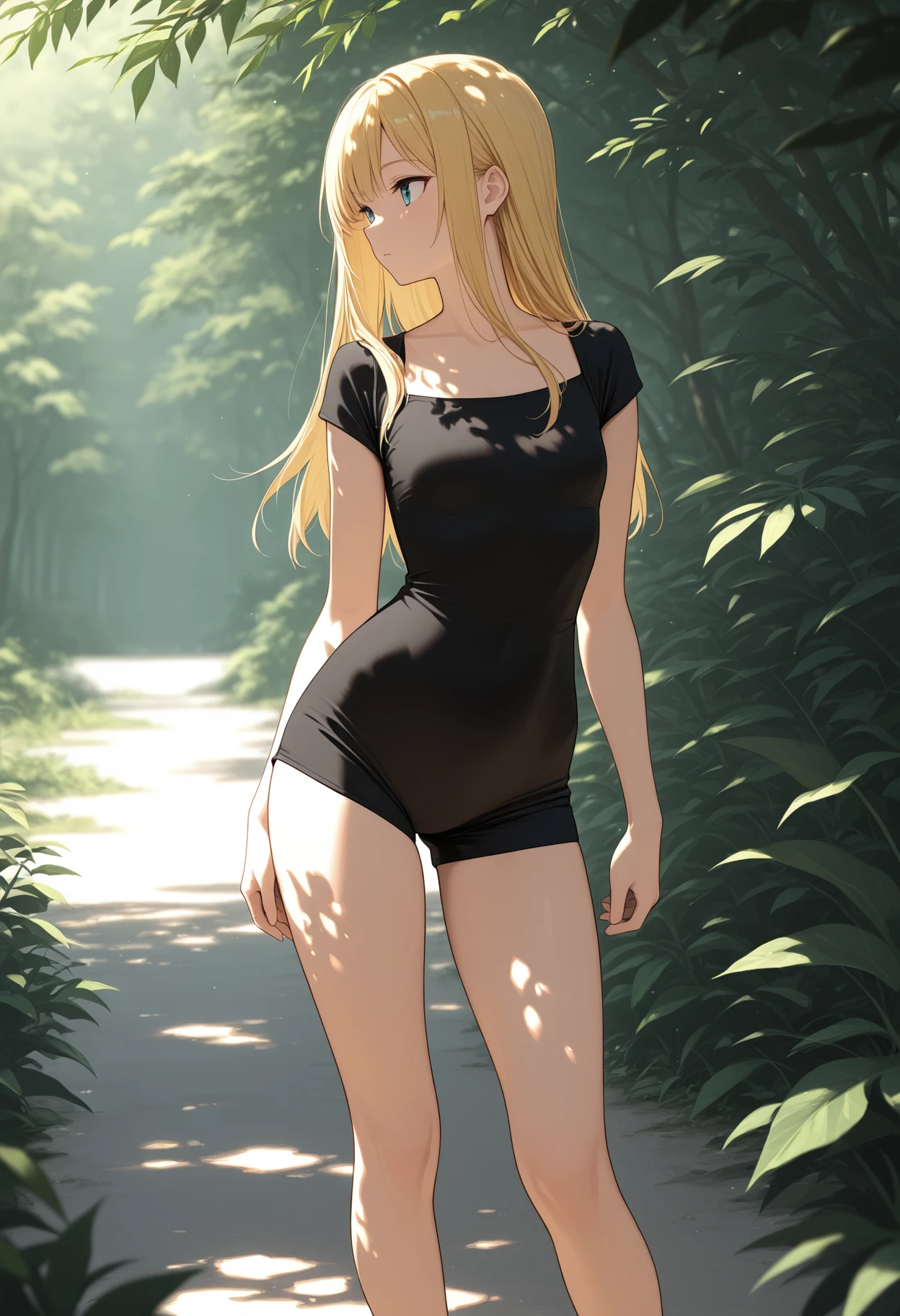 masterpiece, best quality, high quality,
1girl, blonde hair,long hair,
black romper, contrapposto,
outdoors, dappled sunlight,
<lora:romper_v0.2-illu:1>