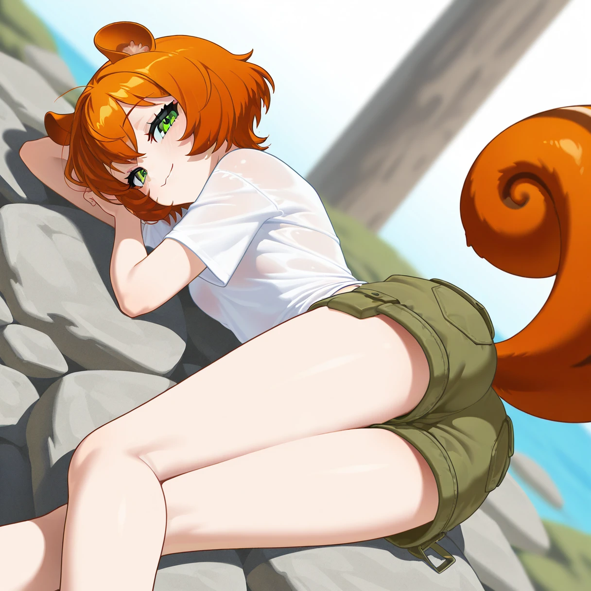 masterpiece,solo,looking at viewer,<Lora:Herna_-_Isekai_Slow_Life:1>,islherna,squirrel girl,squirrel ears,squirrel tail,buck teeth,orange hair,green eyes,solo,t-shirt,cargo shorts,slightly see-through shirt,laying on back,legs spread,seductive_smile,dutch angle,high angle,view from side,view from behind,outside,by a stream,rocks,absurd res,looking at viewer,amazing quality,
