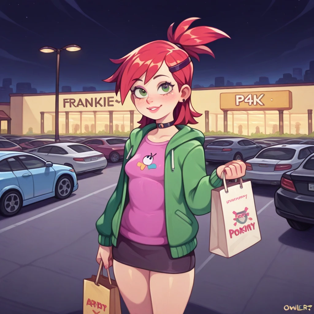 source_western, human, drawn by owler, drawn by cyancapsule, cowboy shot,  ((frankie_foster\(foster's home for imaginary friend\)), green eyes), [[small breasts]],
holding multiple shopping bags, <lora:Parking_Lot:1> ((p4rk1ng_1o7):1.2), asphalt, department store parking lot, ((single large building covering horizon, department store exterior):1.2), many cars, parking lot lines on asphalt, street lamps, at night,
,(zoomed out)