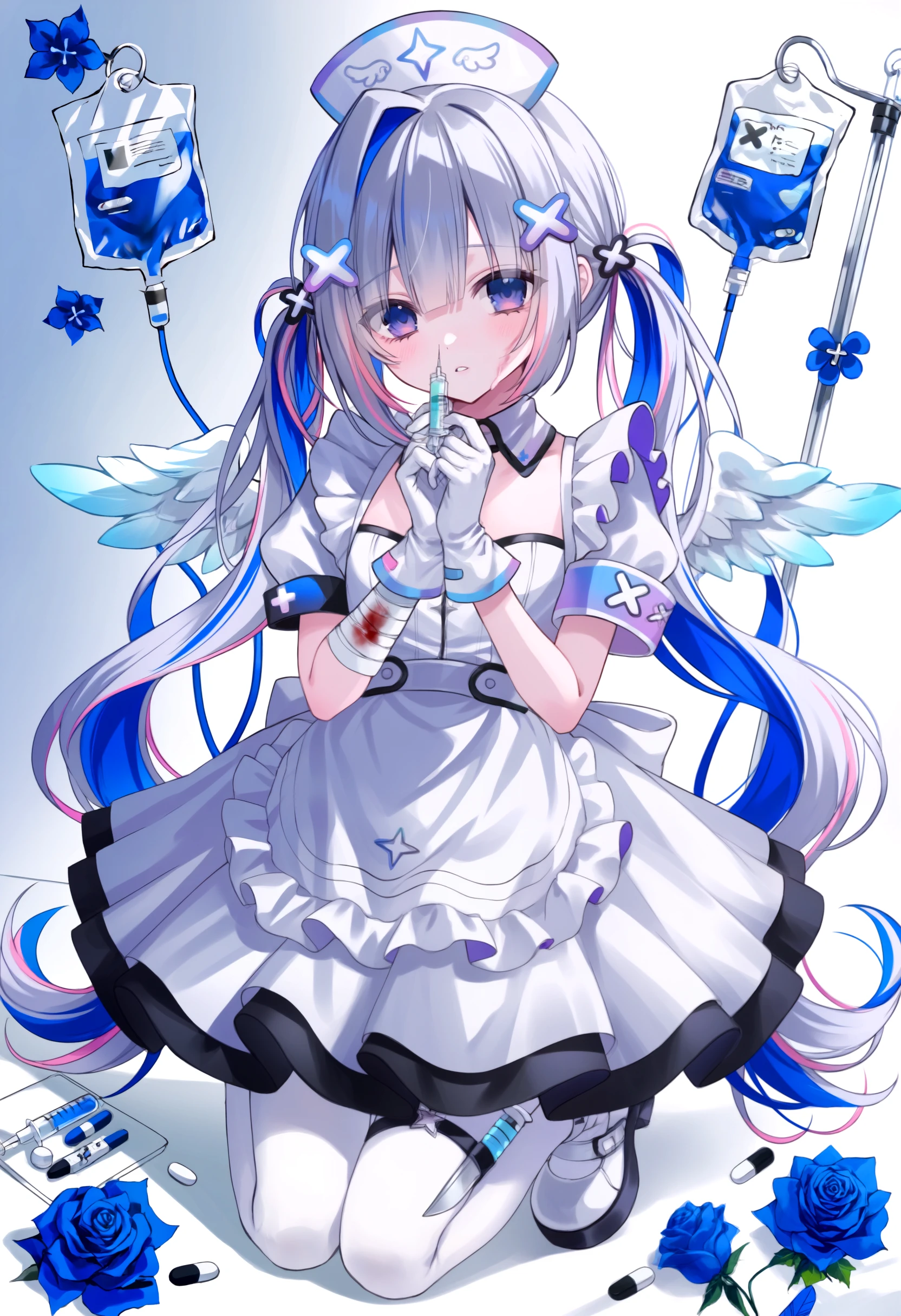 1girl, virtual youtuber, amane kanata, white pantyhose, blue hair, solo, pantyhose, nurse cap, gloves, blood bag, single hair intake, multicolored hair, bandages, twintails, long hair, hat, grey hair, purple eyes, official alternate hairstyle, blood, intravenous drip, bandaged arm, official alternate hair length, white gloves, colored inner hair, nurse, hair ornament, holding, x hair ornament, angel wings, looking at viewer, pill, apron, knife, wings, white apron, dress, pink hair, flower, white dress, very long hair, white footwear, frilled apron, blue flower, armband, holding knife, frills, white headwear, rose, streaked hair, full body, syringe, white wings