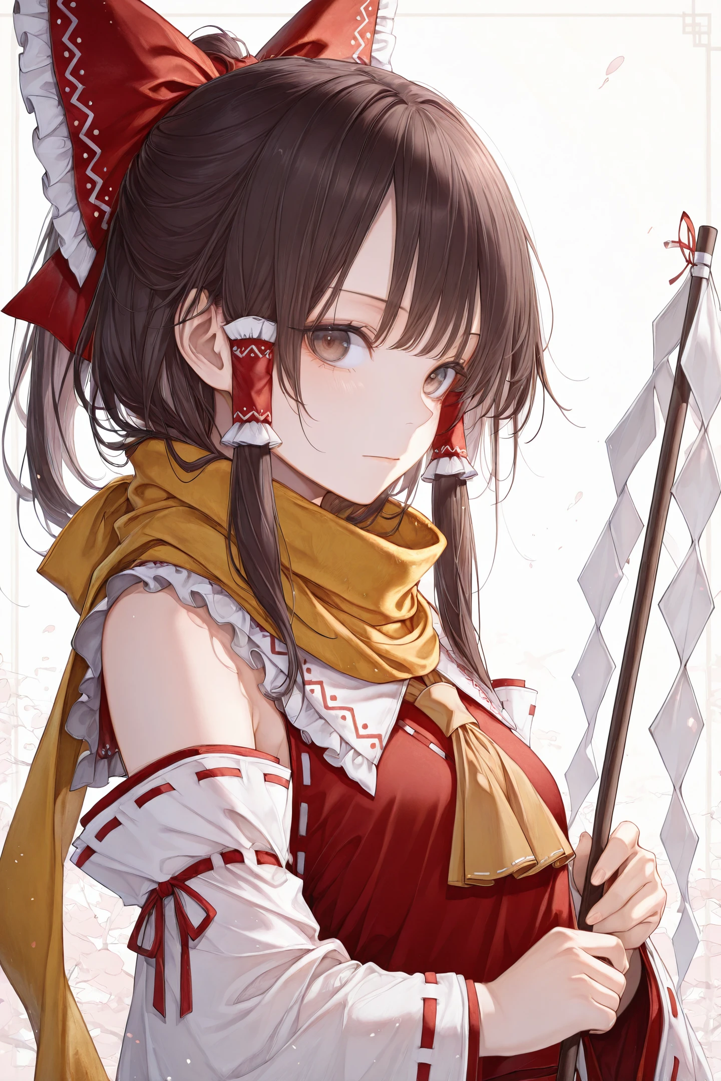 1girl,hakurei reimu,solo,bow,red bow,hair bow,brown hair,scarf,hair tubes,brown eyes,looking at viewer,detached sleeves,holding,wide sleeves,yellow scarf,closed mouth,sidelocks,yellow ascot,upper body,frills,gohei,ribbon trim,
<lora:Hito komoru_illustriousXL:0.8>,