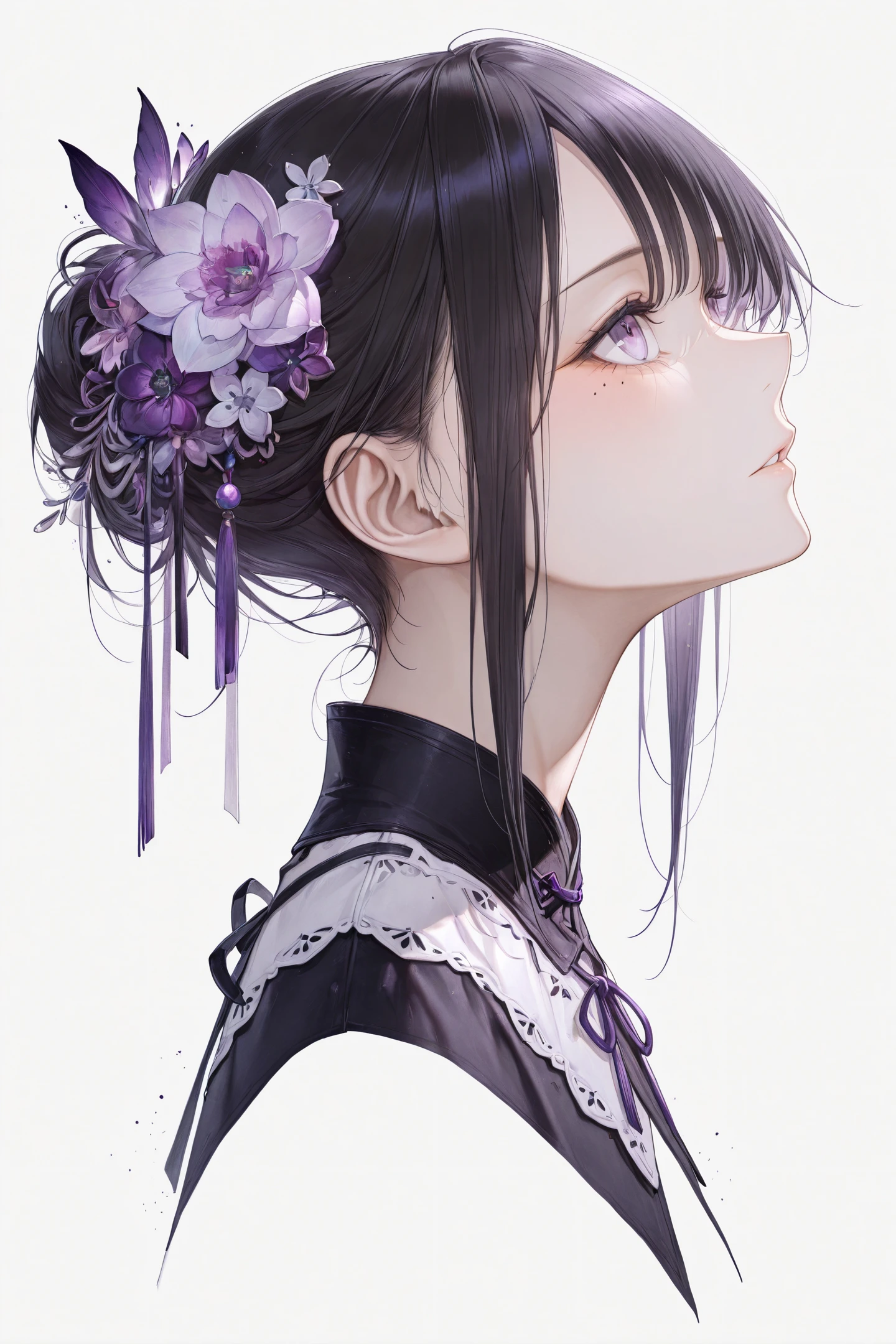 1girl,hair ornament,looking up,flower,simple background,hair flower,purple eyes,mole,solo,mole under eye,black hair,portrait,parted lips,from side,cropped shoulders,sidelocks,white background,
<lora:Hito komoru_illustriousXL:0.8>,