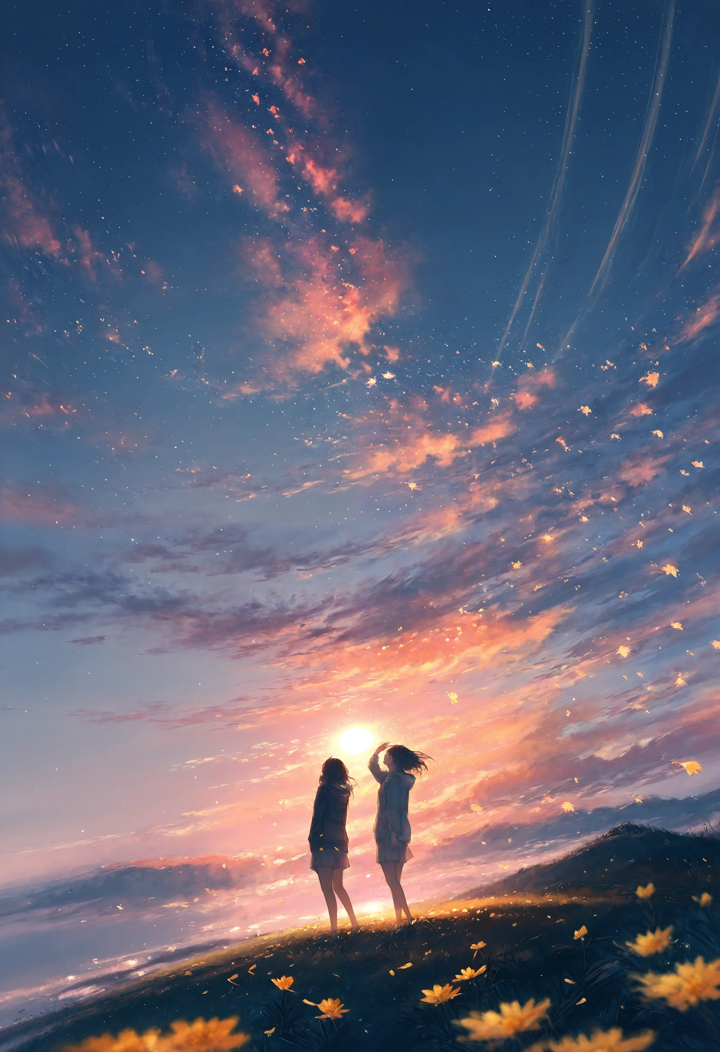 scenery, wide shot, three_quarter_view, 1girl, hand in own hair, looking up, looking away, hoodie, culottes, spring \(season\), wind, falling petals, light particles, parting, setting off, sunset, watercolor \(medium\), blurry foreground, gradient, polarized, lonely, ephemeral, masterpiece, best quality, amazing quality, very aesthetic, absurdres, newest,