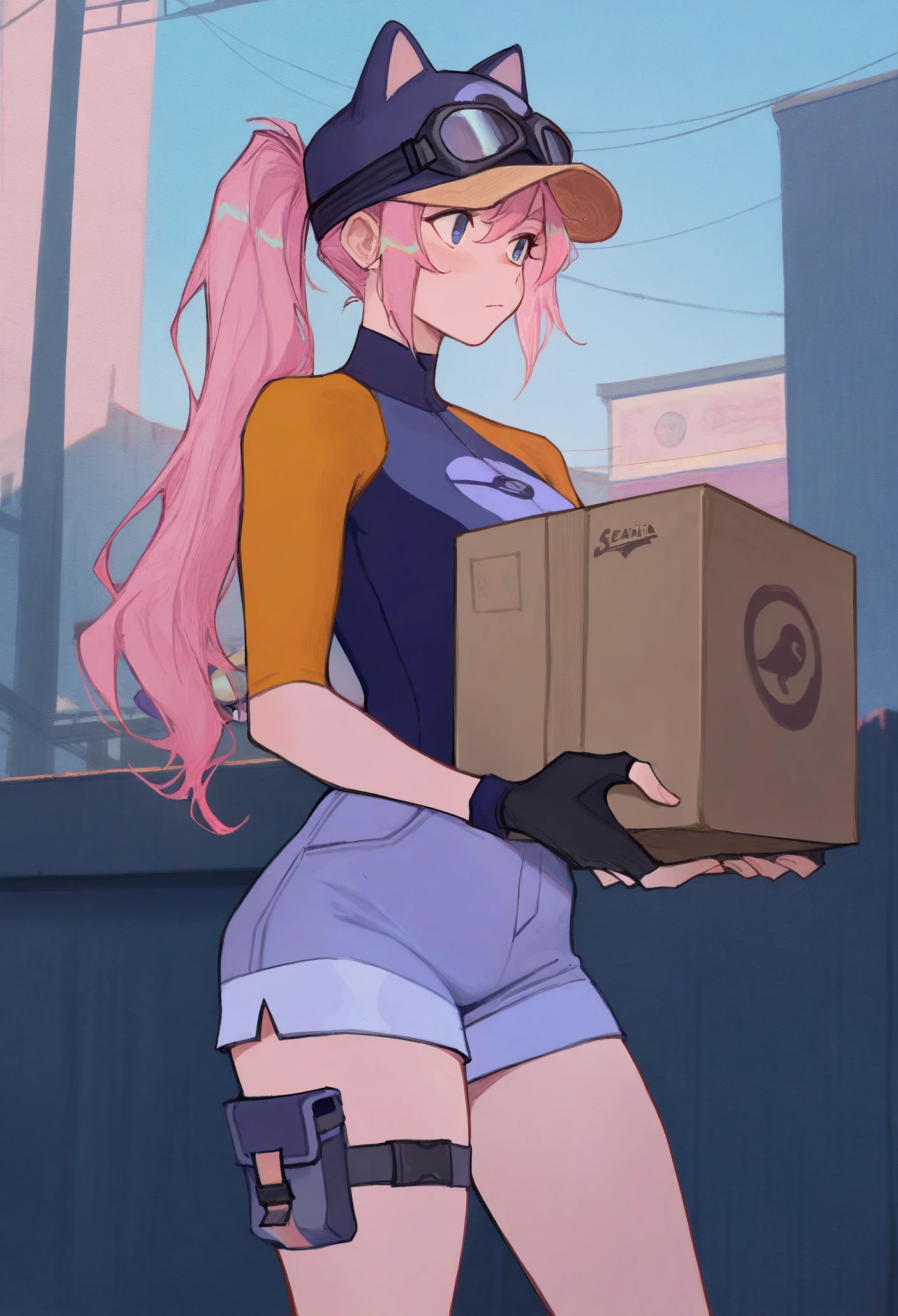 1girl, solo, holding box, outdoors,
long hair, pink hair, ponytail, blue eyes, blue headwear, baseball cap, cat hat, goggles on headwear, blue shirt, raglan sleeves, short sleeves, black gloves, fingerless gloves, blue shorts, short shorts, thigh pouch,
masterpiece, best quality <lora:AmiThompson-adafactor-guy90:1>, nosima, <lora:steam_steamdeliverygirl_illustriousXL:1>, steamdeliverygirl