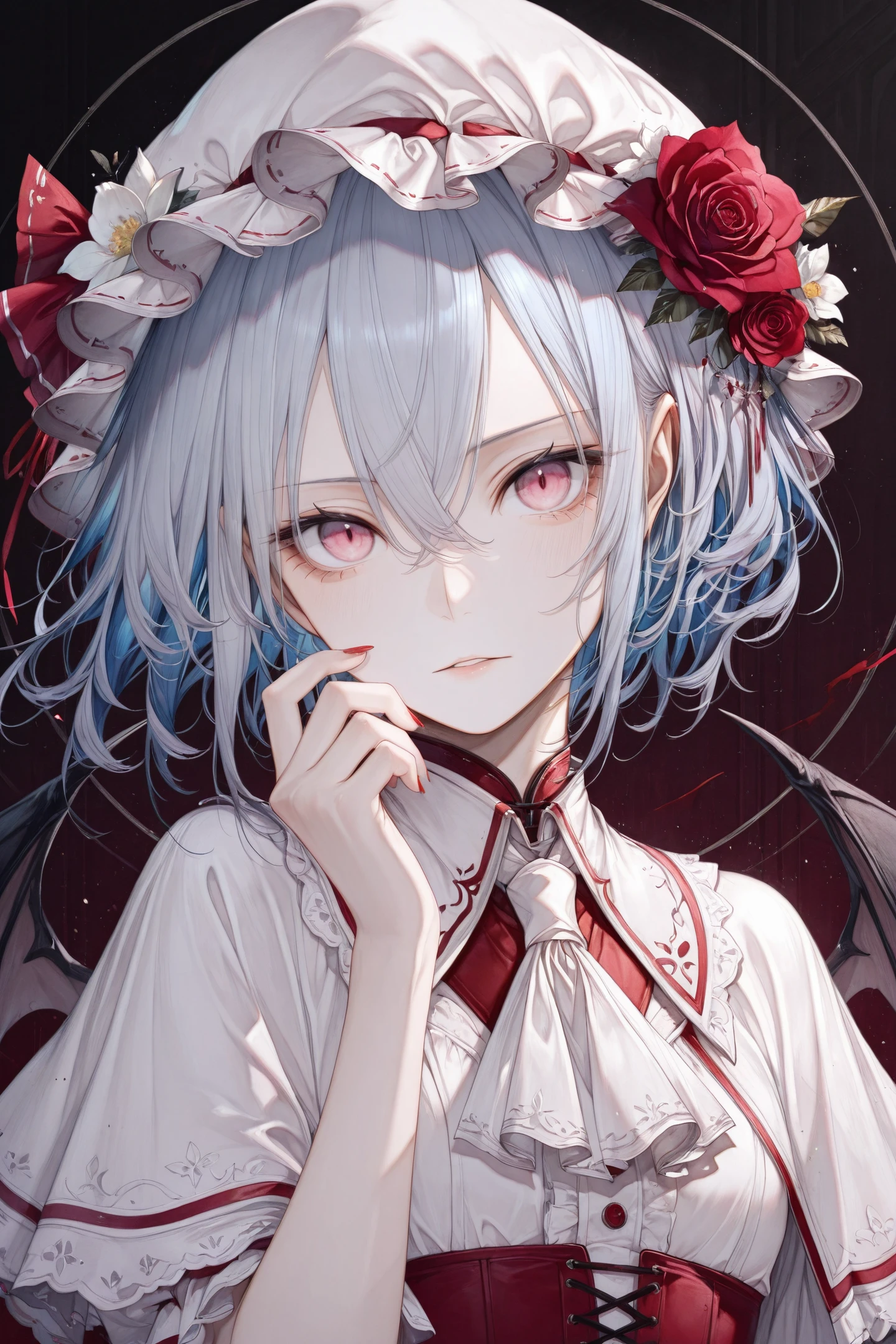 1girl,remilia scarlet,solo,wings,hat,flower,red nails,looking at viewer,hair between eyes,bat wings,hat flower,white headwear,blue hair,rose,ascot,mob cap,white ascot,red flower,capelet,white flower,short hair,parted lips,red ribbon,pink eyes,white capelet,multicolored hair,nail polish,red rose,upper body,white hair,
<lora:Hito komoru_illustriousXL:0.8>,