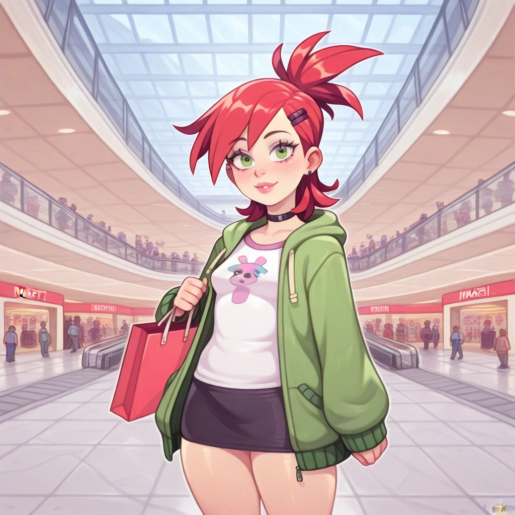 source_western, human, drawn by owler, drawn by cyancapsule, cowboy shot,  ((frankie_foster\(foster's home for imaginary friend\)), green eyes), [[small breasts]],
<lora:Mall_Atrium:1> ((m411)), shopping mall, mall atrium, ((multiple floors, indoor balconies, escalators in (distant background) between multiple floors)), crowded, multiples stores, glass roof,  spacious interior,