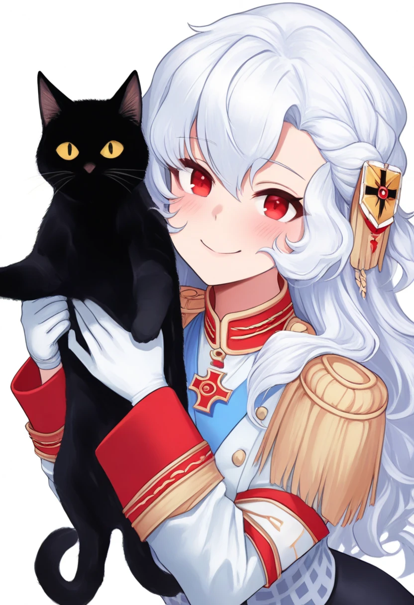 masterpiece, best quality, amazing quality, very aesthetic, absurdres, white background,
cat, black cat,
1girl, solo, <lora:645654:1>, (alpha1918:1.2), white hair, red eyes, hair ornament, black skirt, golden epaulets, sexy, white outfit, red cross on neck, blue stripe,
holding cat, happy, hands the cat to the viewer, looking at viewer,